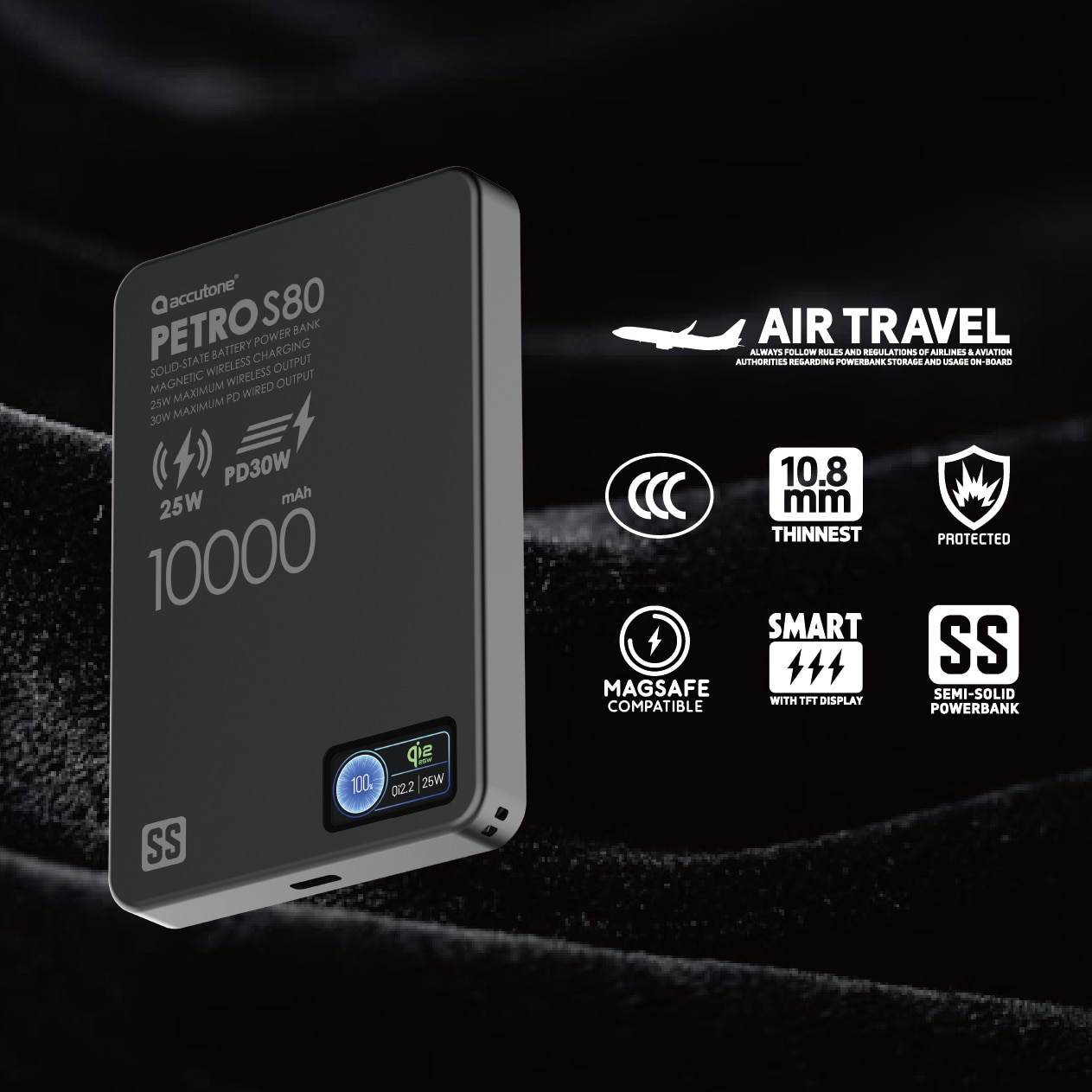 ACCUTONE PETRO-S80 Qi2.2 10000mAh Semi Solid-state Wireless Magsafe Power Bank