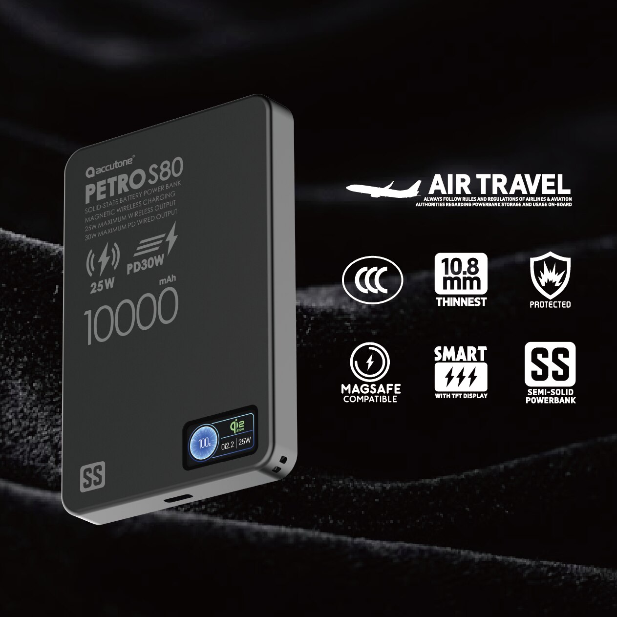 ACCUTONE PETRO-S80 Qi2.2 10000mAh 半固態磁吸移動電源