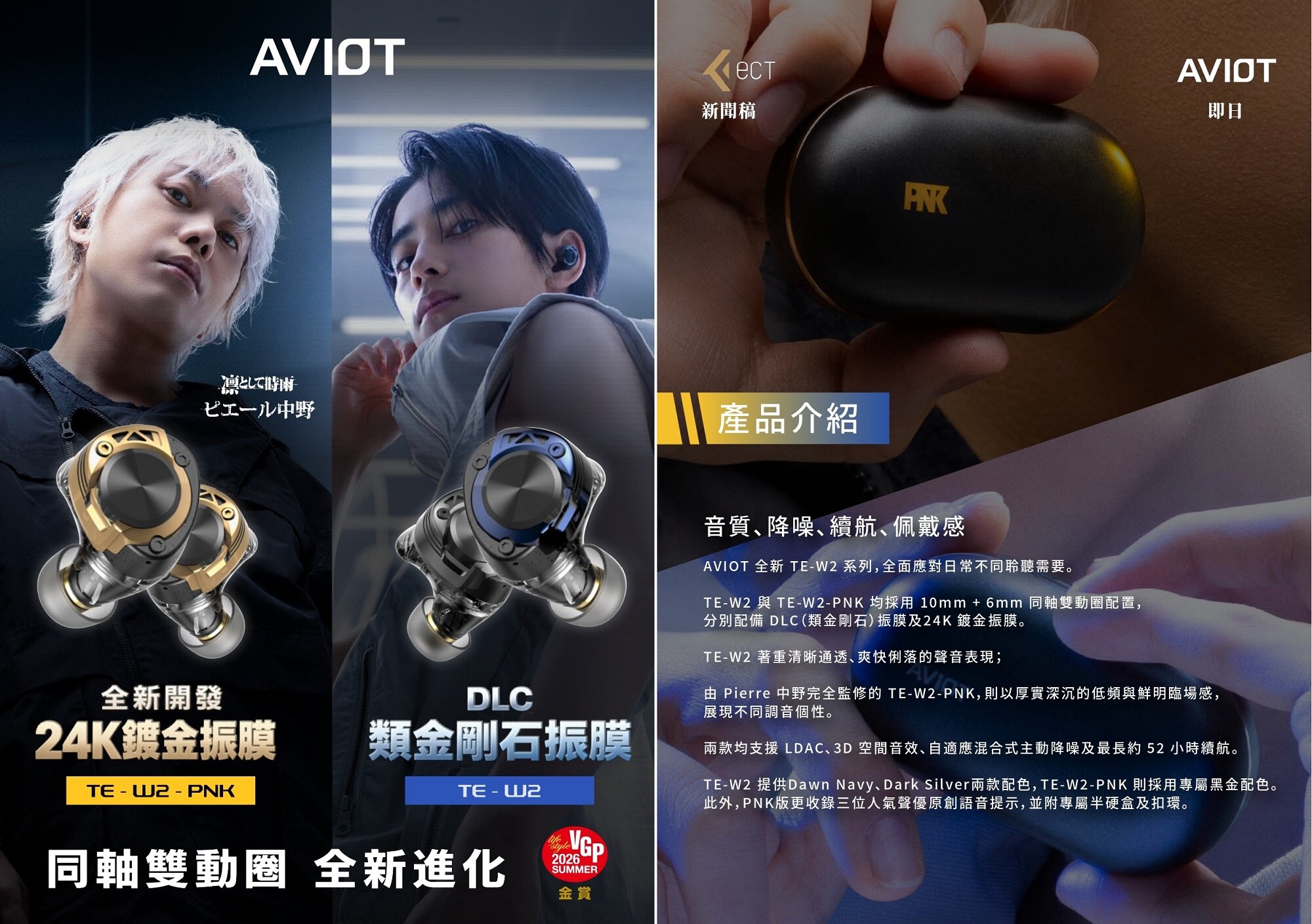 AVIOT TE-W2-PNK  24K金層振膜動圈真無線耳機