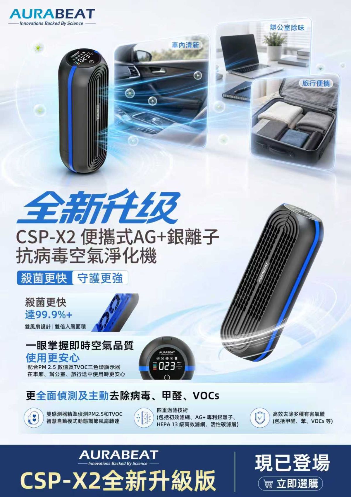 Aurabeat CSP-X2 便攜式 AG+銀離子抗病毒空氣淨化機