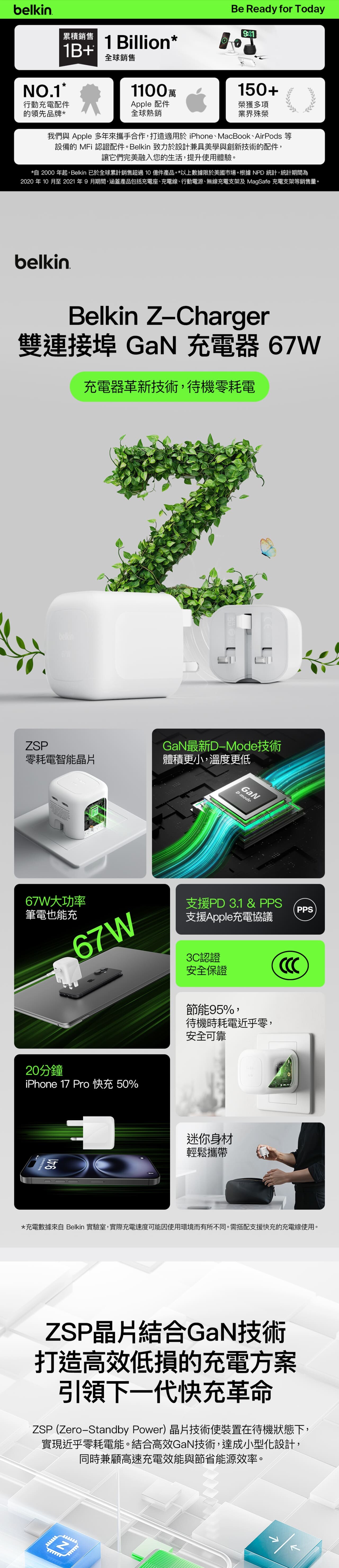 BELKIN 貝爾金 BoostCharge Pro 雙 USB-C GaN 充電器 67W