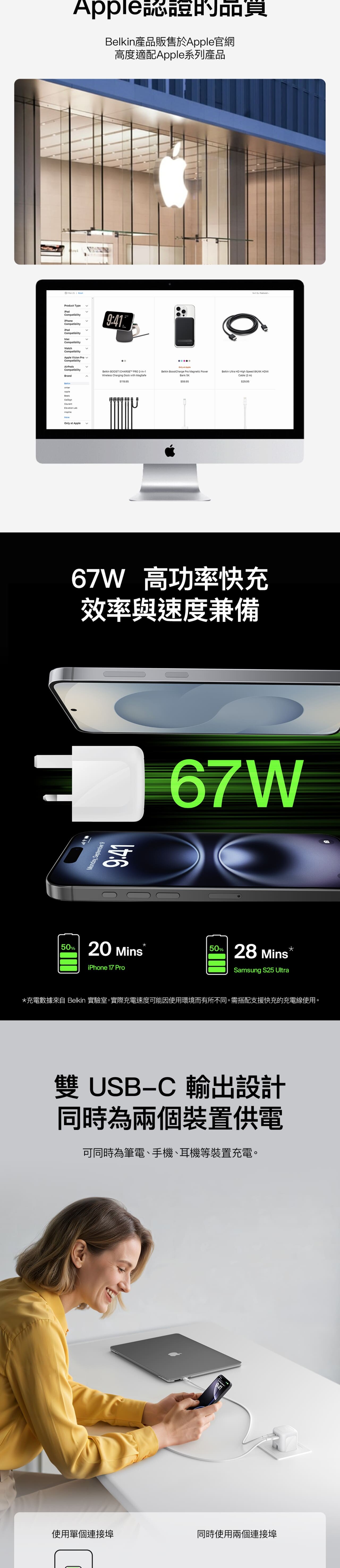 BELKIN 貝爾金 BoostCharge Pro 雙 USB-C GaN 充電器 67W