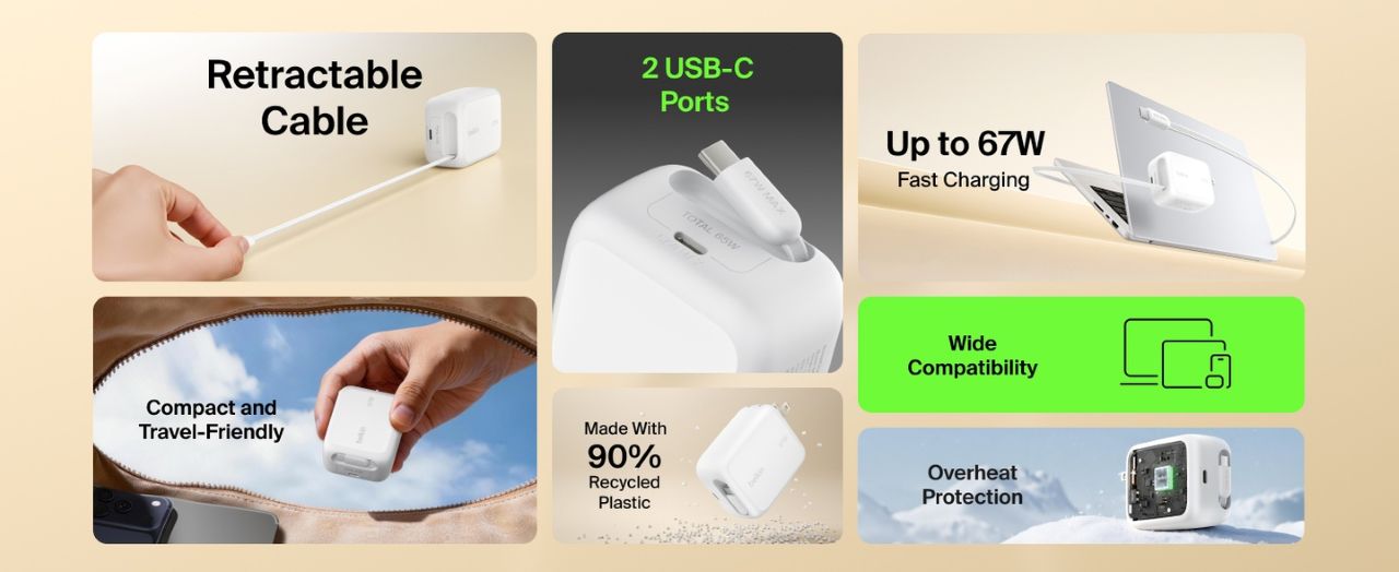 BELKIN 貝爾金 UltraCharge GaN 伸縮線充電器 67W 充電器