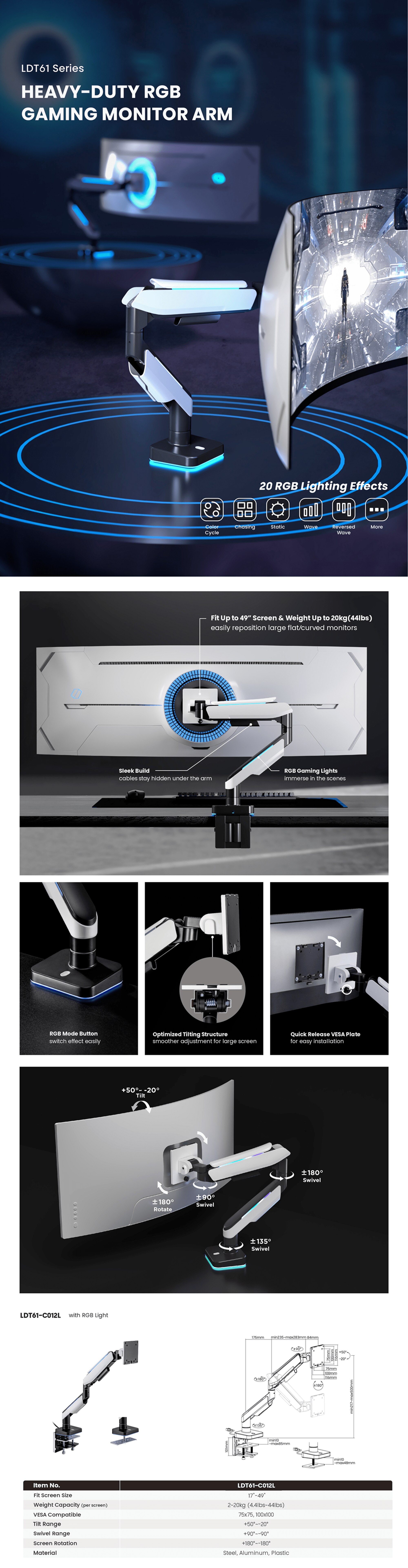 Brateck LDT61-C012L Heavy-Duty RGB Gaming Monitor Arm
