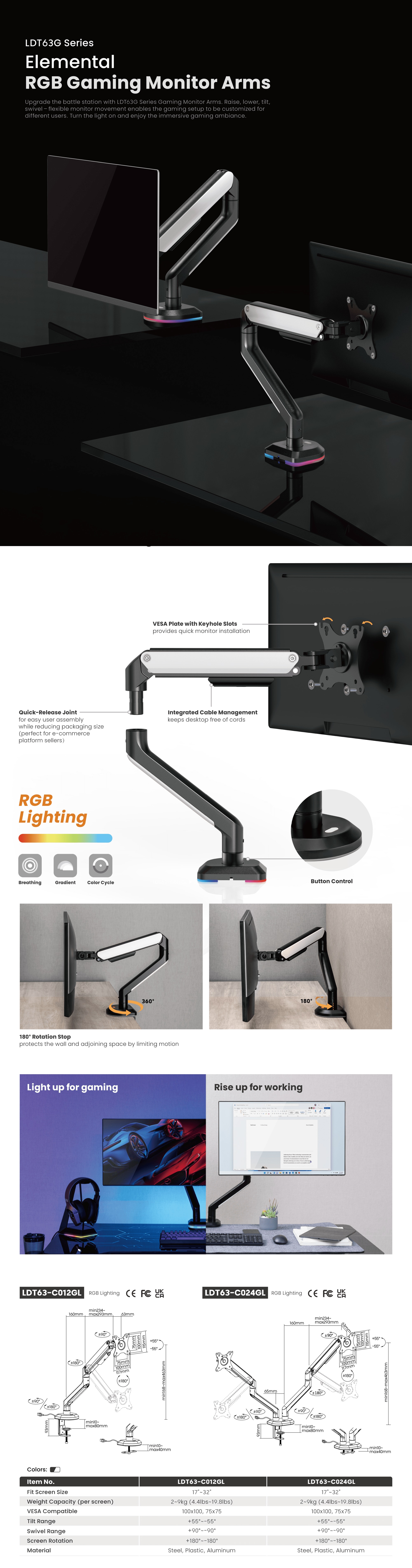 Brateck LDT63-C012GL Mechanical Spring Gaming Monitor Arm