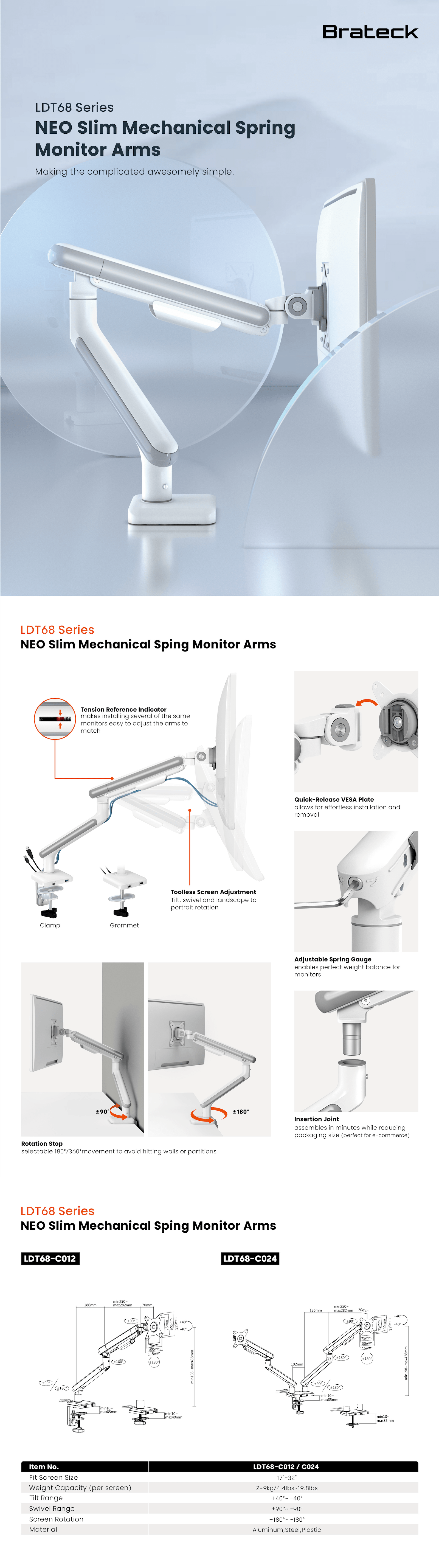 Brateck LDT68-C024 NEO Slim Mechanical Sping Monitor Arms