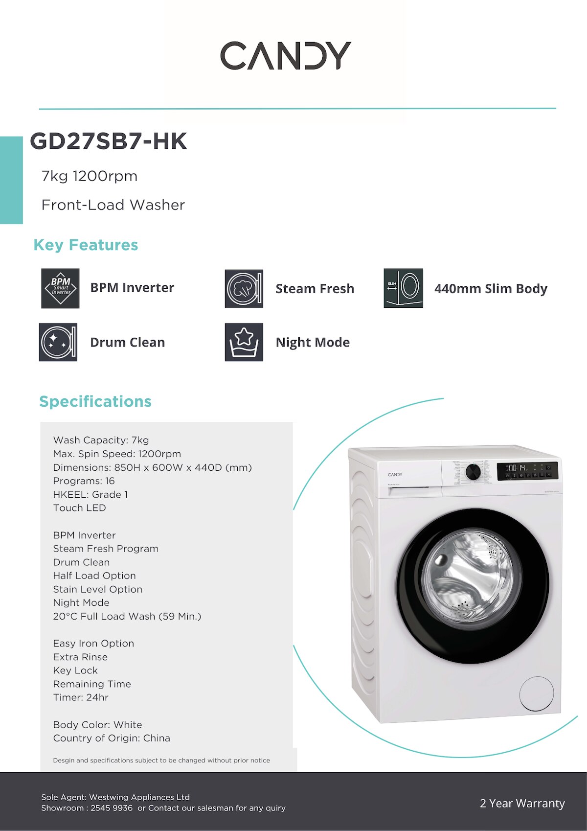 CANDY GD27SB7-HK 7kg Front Loading Washer  Front Load Washer