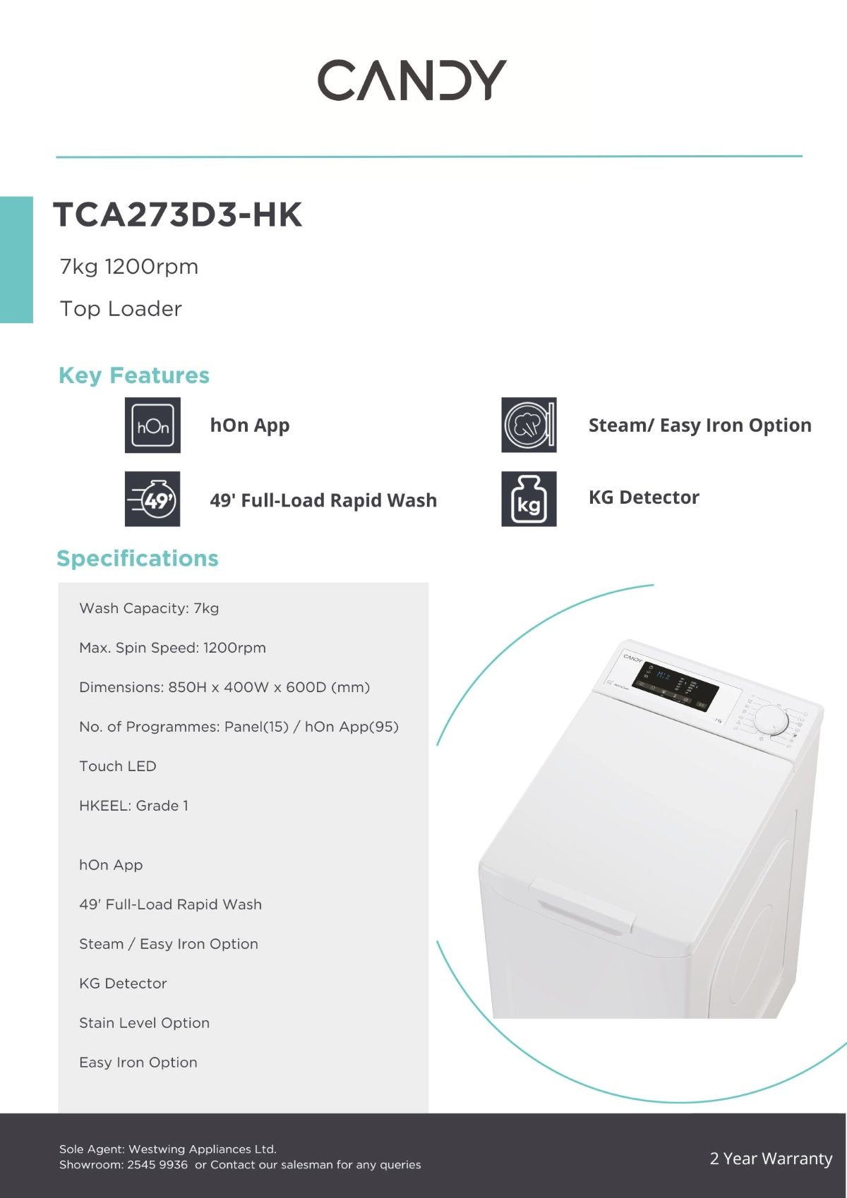 CANDY TCA273D3-HK Top Loader (hOn) Top Load Washer