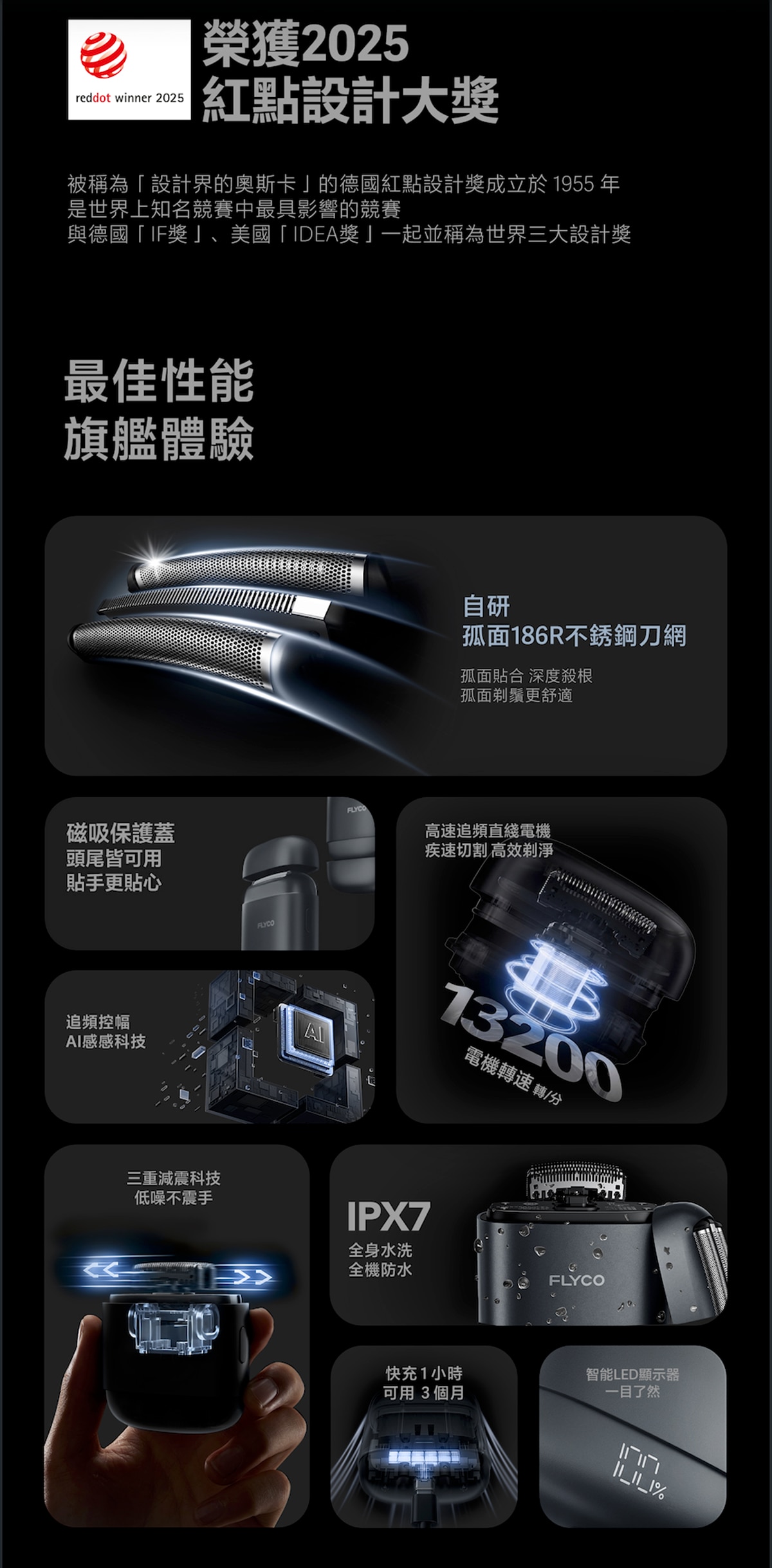 FLYCO F8 三刀頭超高速便攜式磁吸防水電鬚刨 (配備LED屏+旅行包)