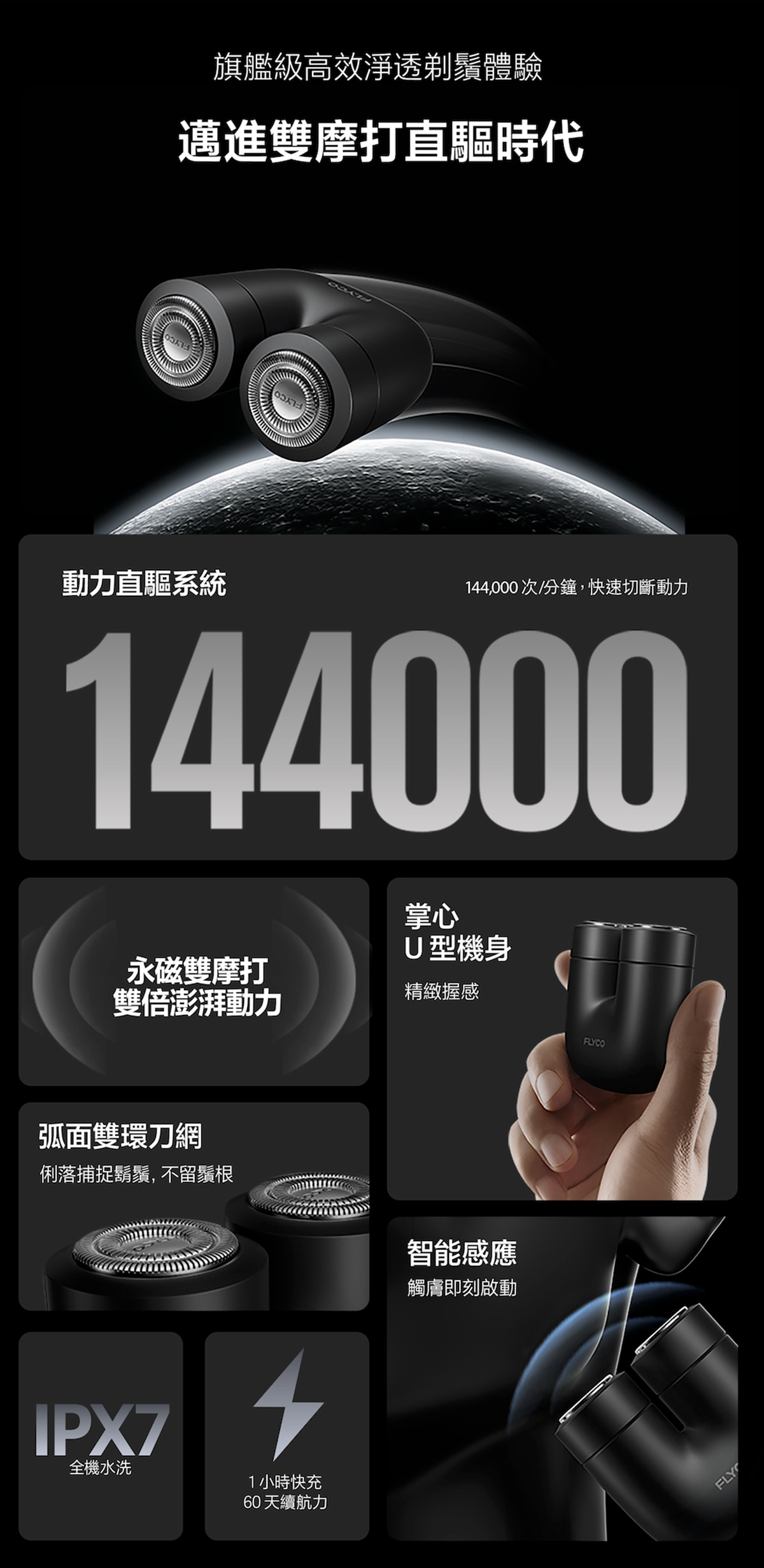 FLYCO U1 智能感應雙獨立摩打旋轉便攜式防水電鬚刨