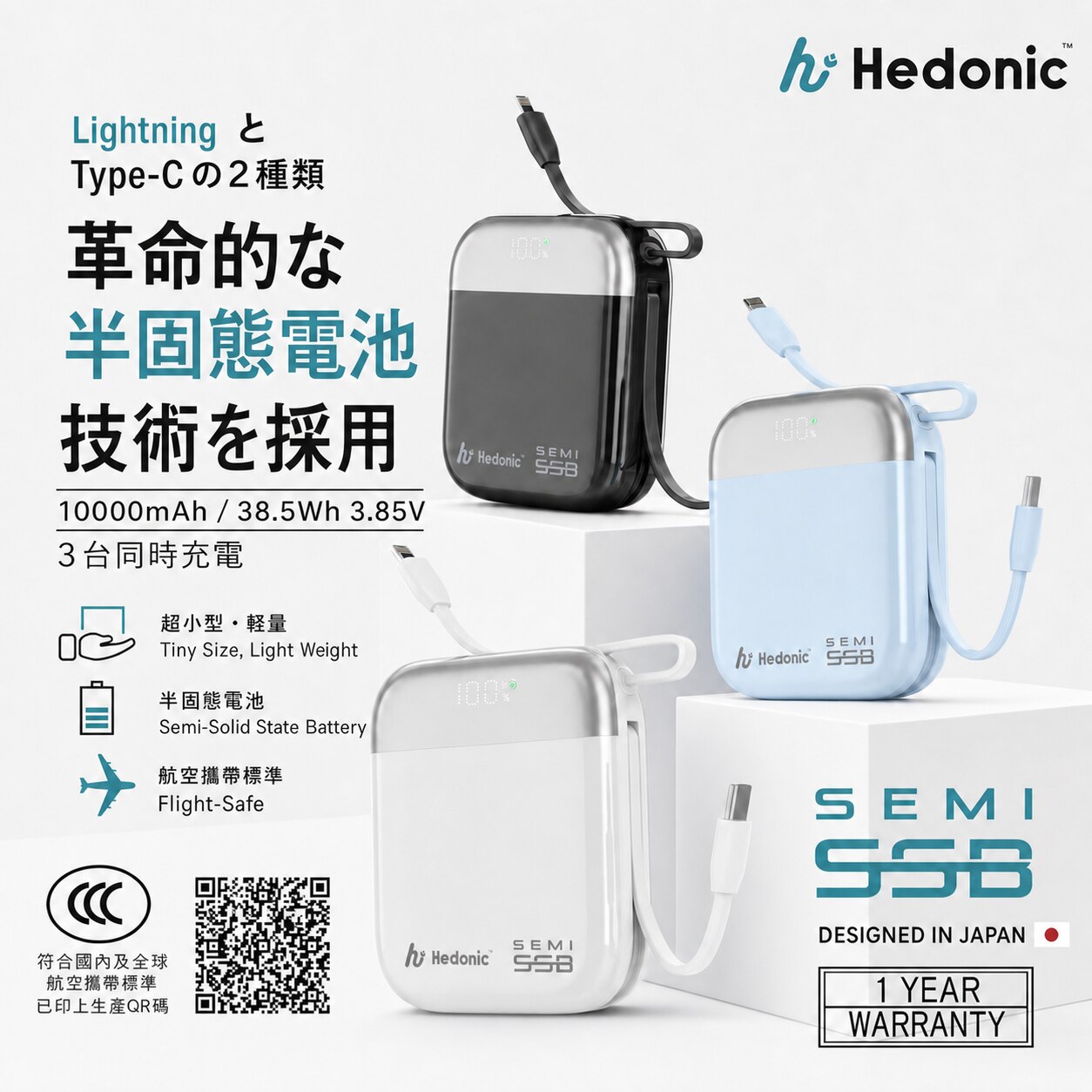 Hedonic [CCC QR Code][CCC 3C 認證] 半固態內建USB-C, TYPE C 線行動電源 移動電源