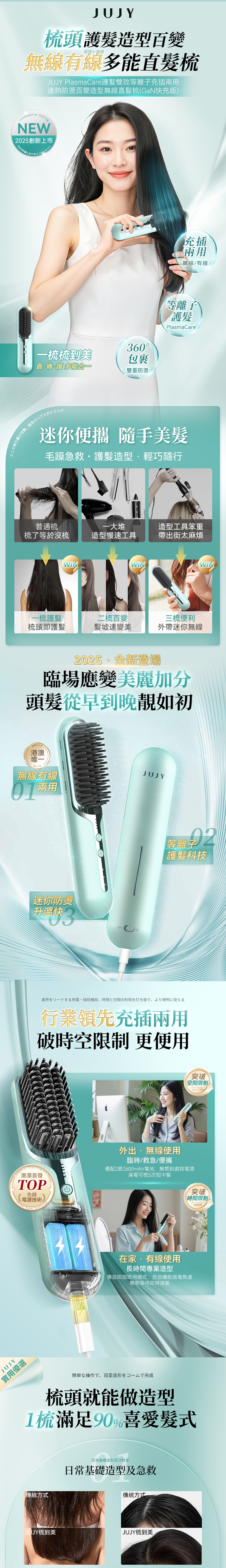 JUJY S213P PlasmaCare Plasma Charging and Plug-in Style Wireless Hair Straightening Brush