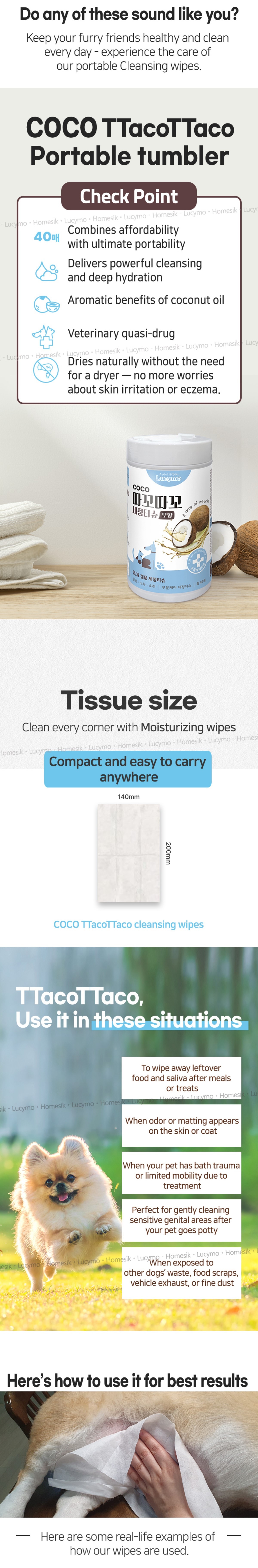 Lucymo Natural Coconut Oil Pet Cleansing & Deodorizing Wipes For Cats & Dogs