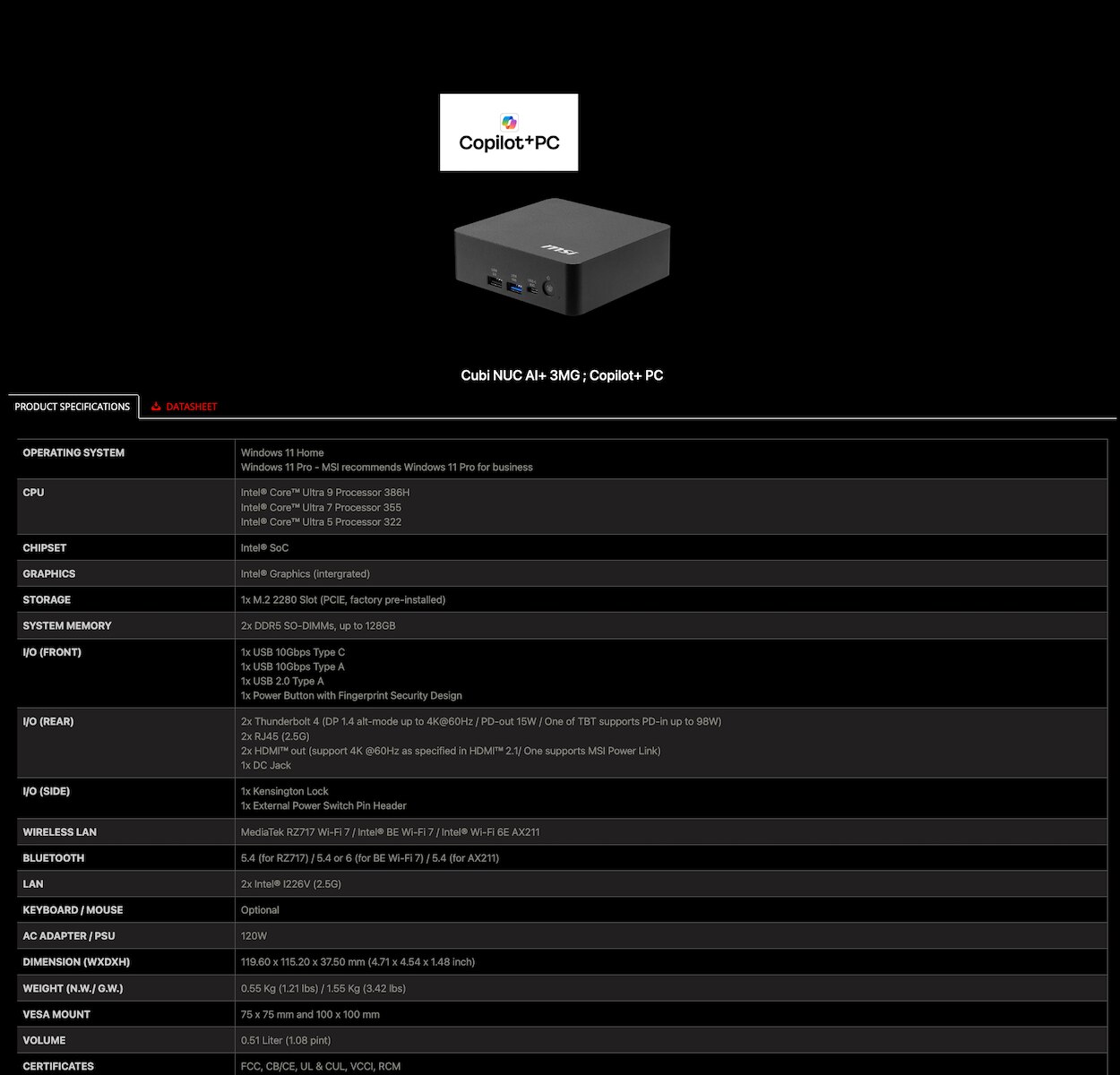 MSI Cubi NUC AI+ 3MG-009TW-B9386H Mini PC
