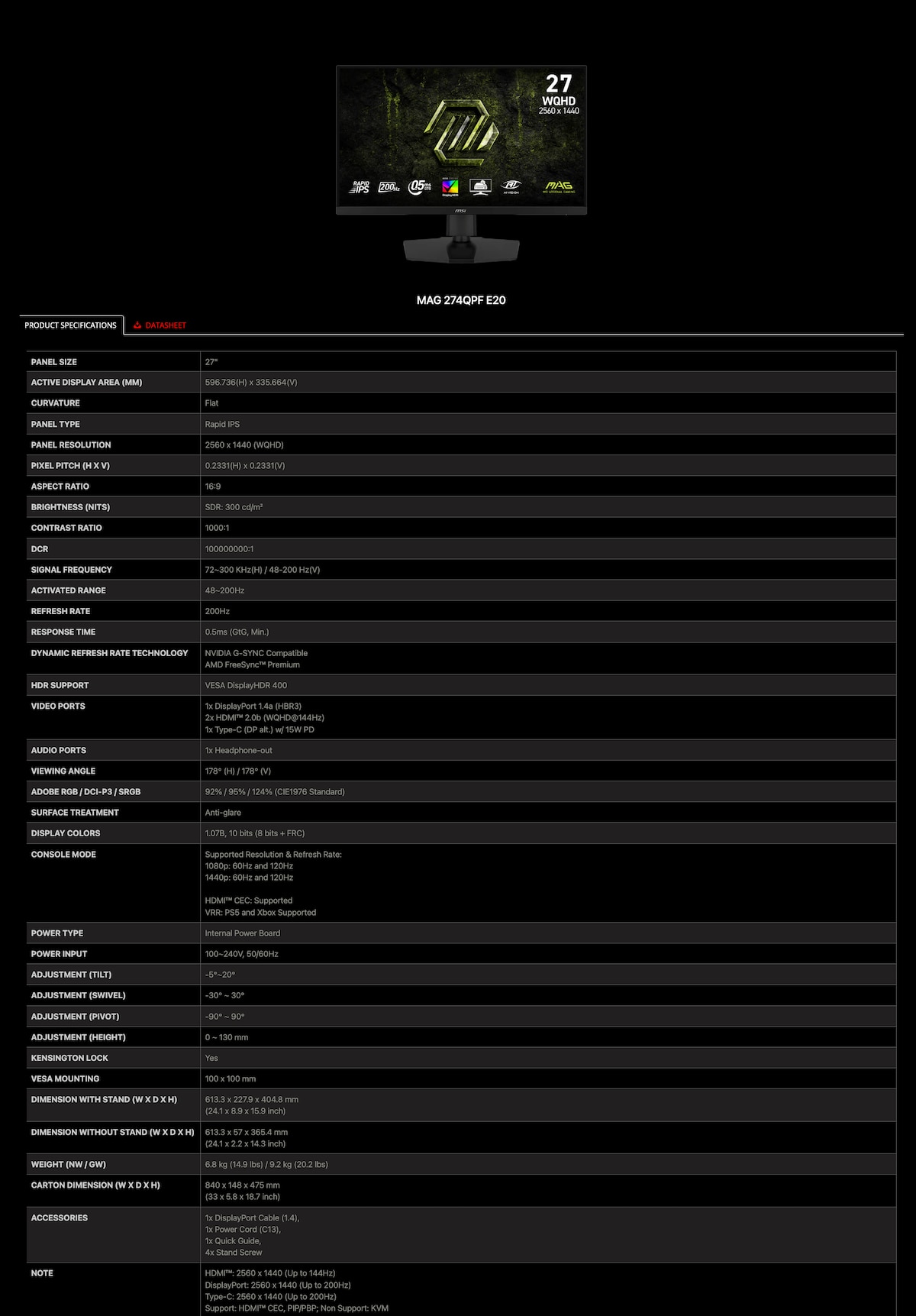 MSI 微星 MAG 274QPF E20 27