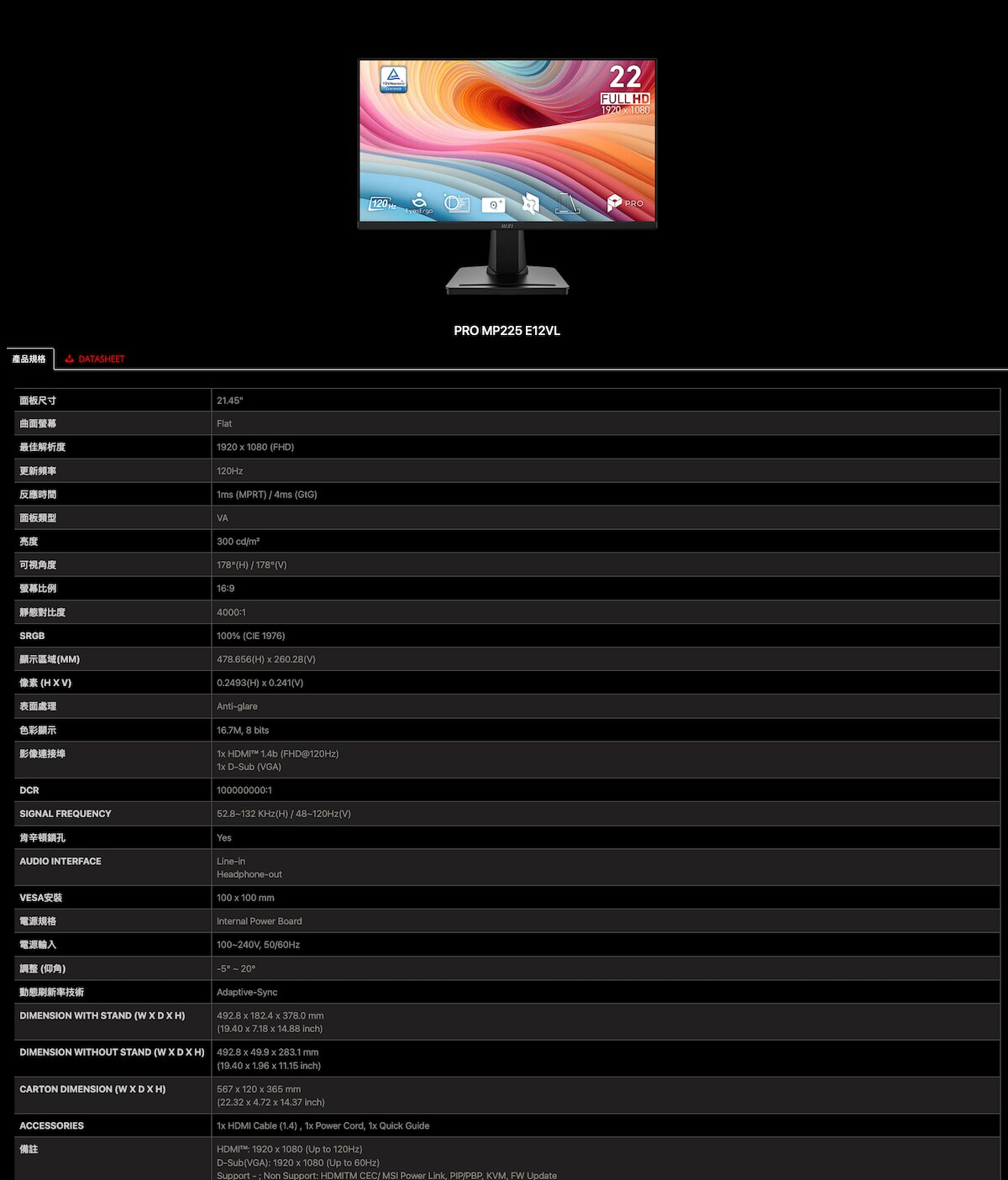 MSI 微星 PRO MP225 E12VL 22