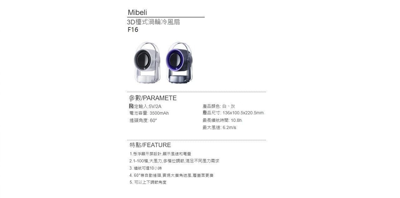 Mibeli F16 3D Desk Turbo Fan