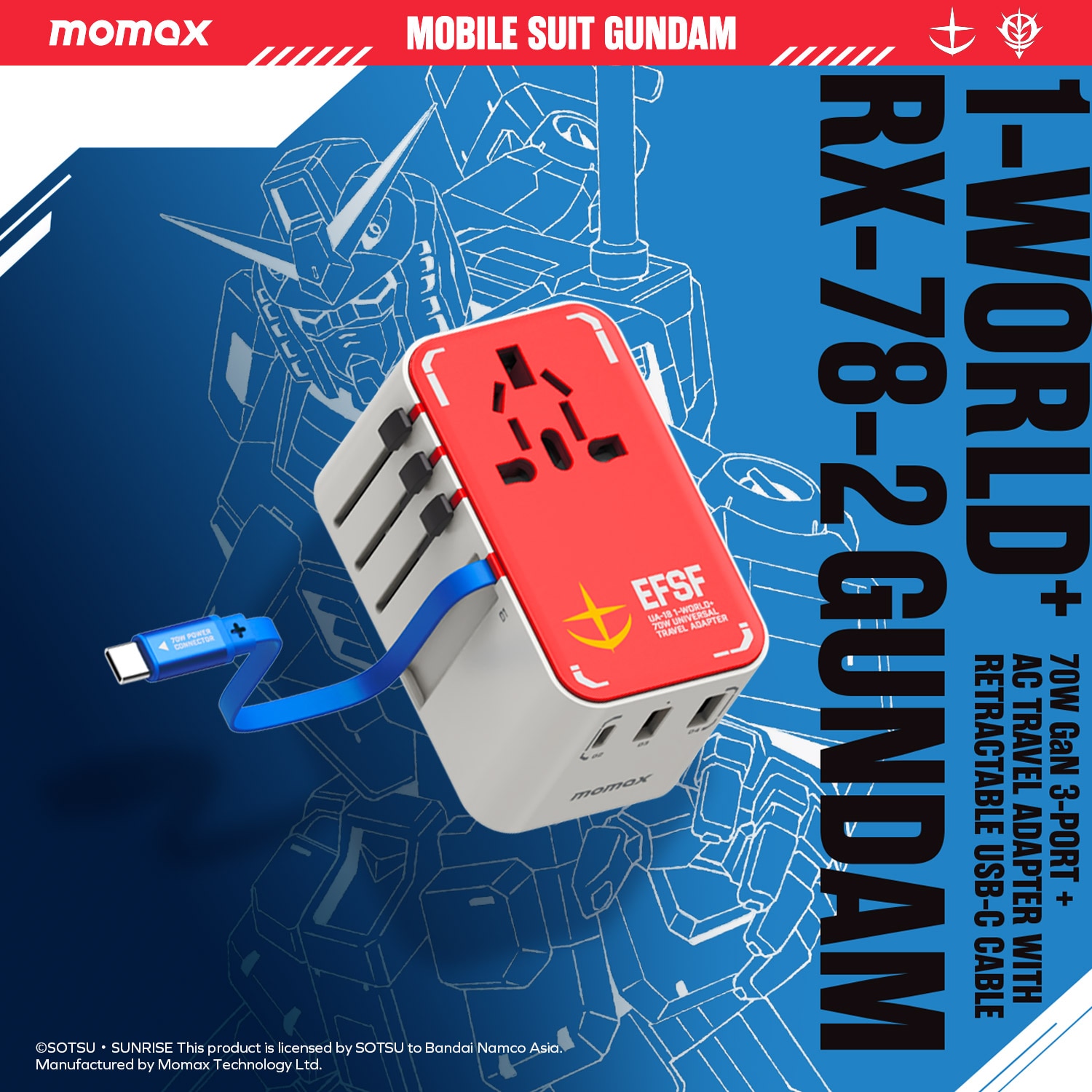 Momax 1-World+ 70W GaN 3-Port w/ Built-in USB-C Cable + AC Travel Adaptor - UA18 Power Charger