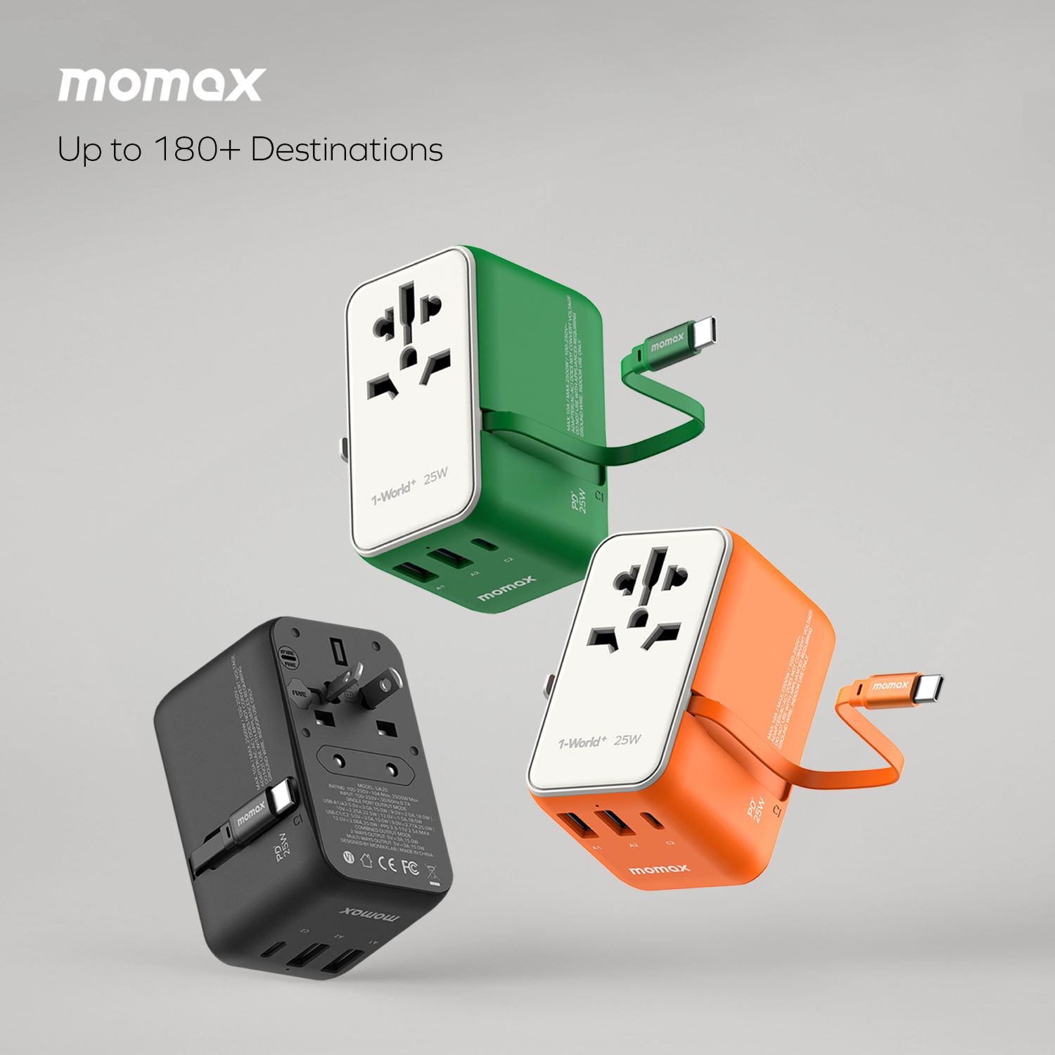 Momax 1-World+ 25W 3-插口 內建 USB-C 充電線 + AC 旅行充電插座