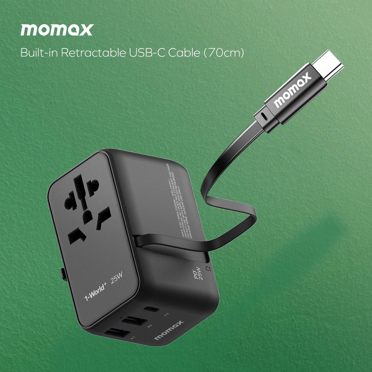 Momax 1-World+ 25W 3-插口 內建 USB-C 充電線 + AC 旅行充電插座