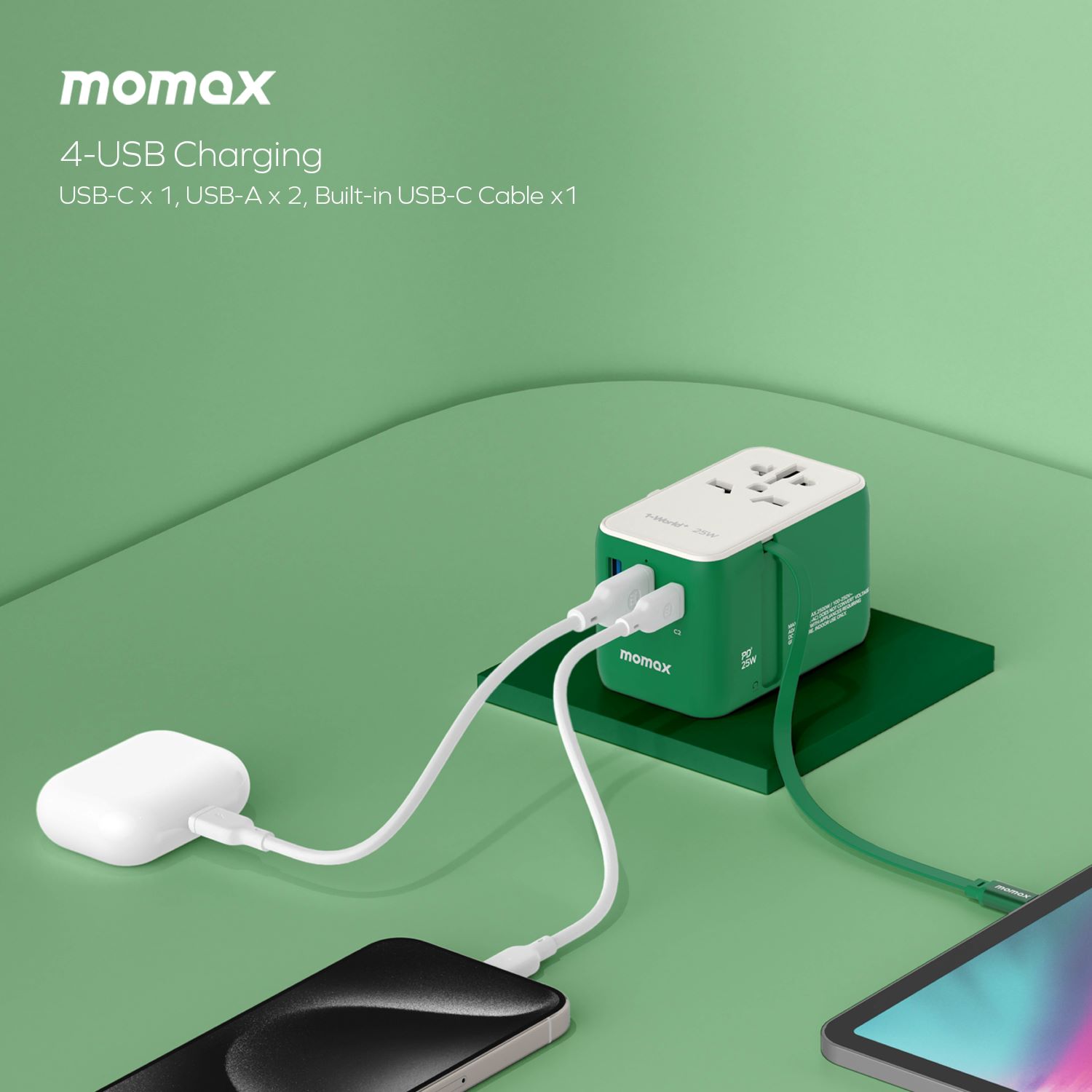 Momax 1-World+ 25W 3-插口 內建 USB-C 充電線 + AC 旅行充電插座