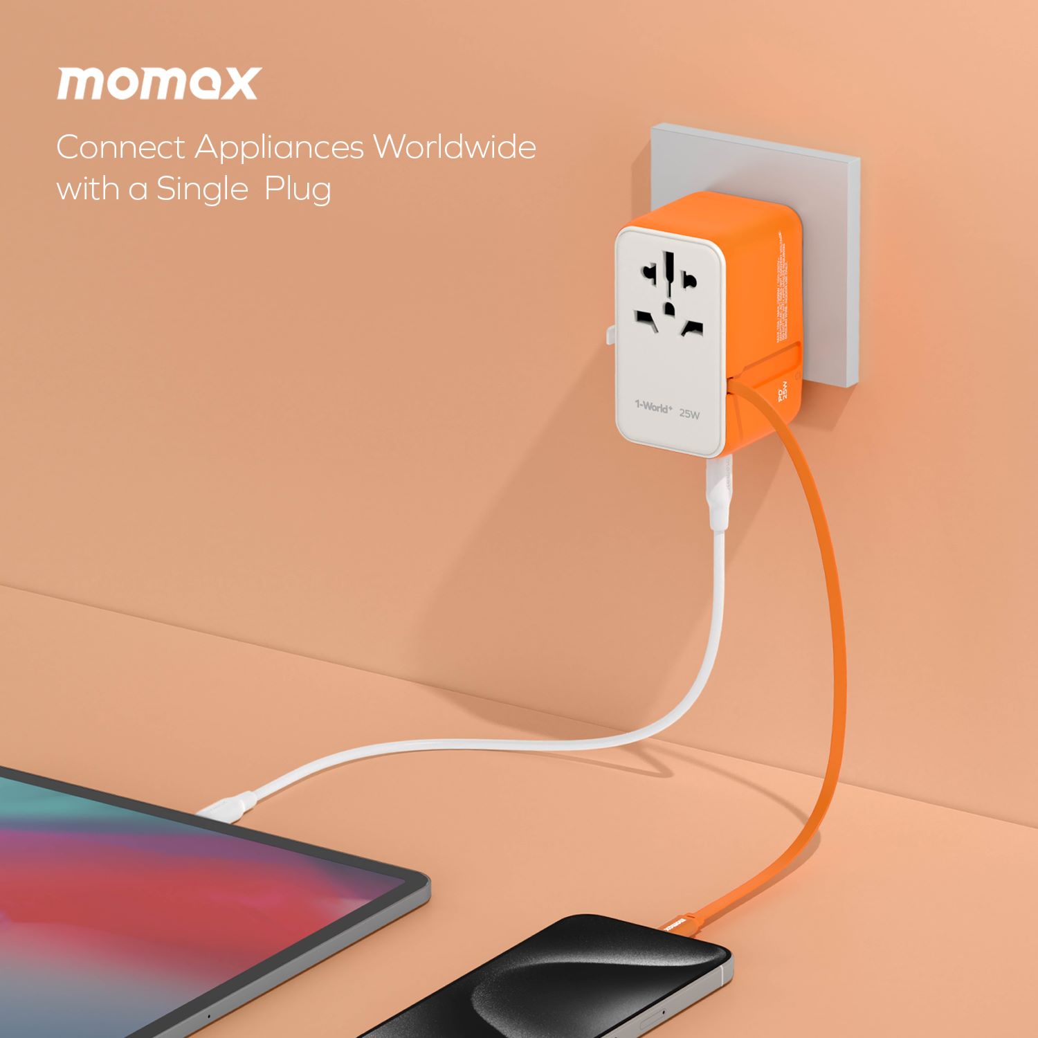 Momax 1-World+ 25W 3-插口 內建 USB-C 充電線 + AC 旅行充電插座