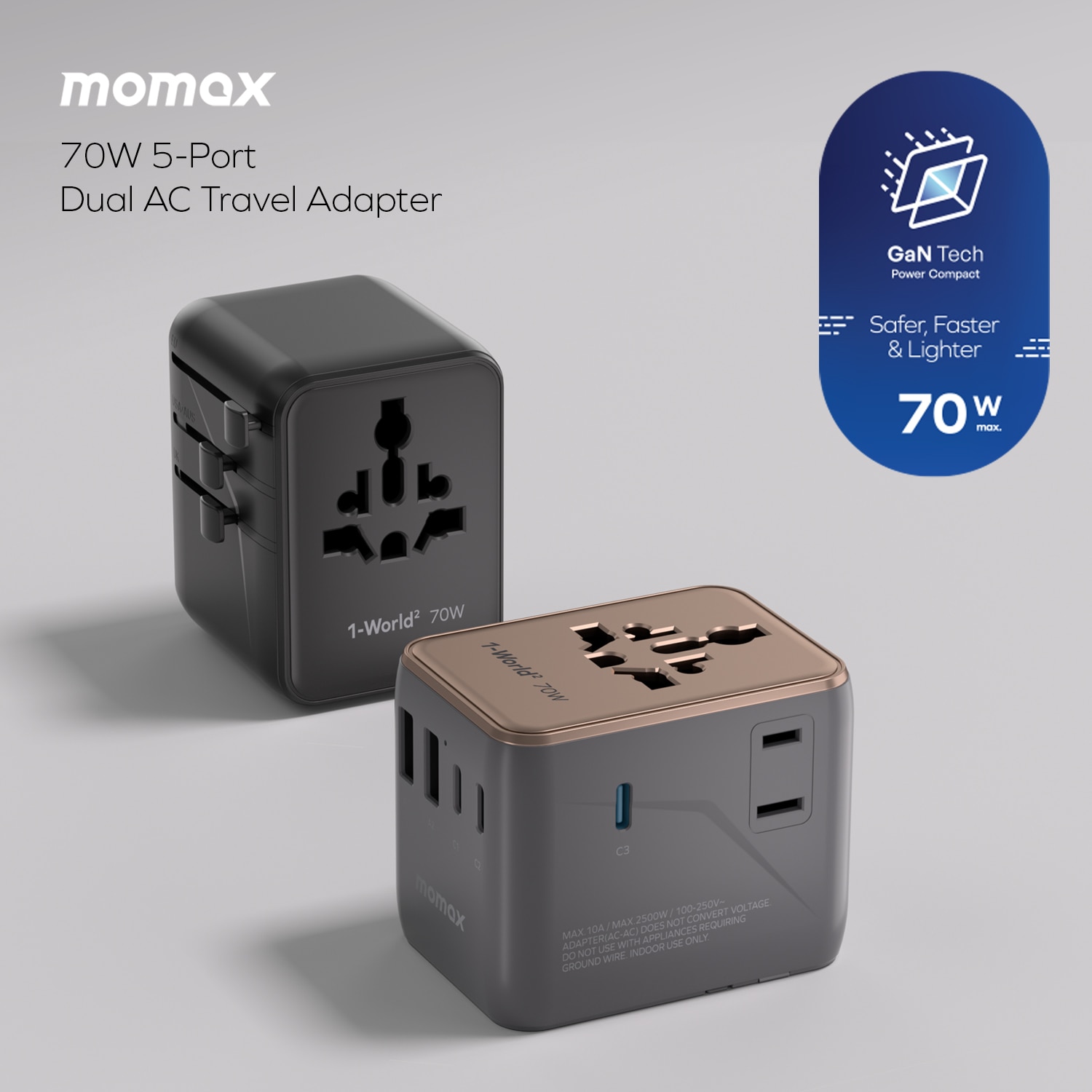 Momax 1-World2 70W 5-Port USB-C Dual AC Travel Adaptor UA22UK