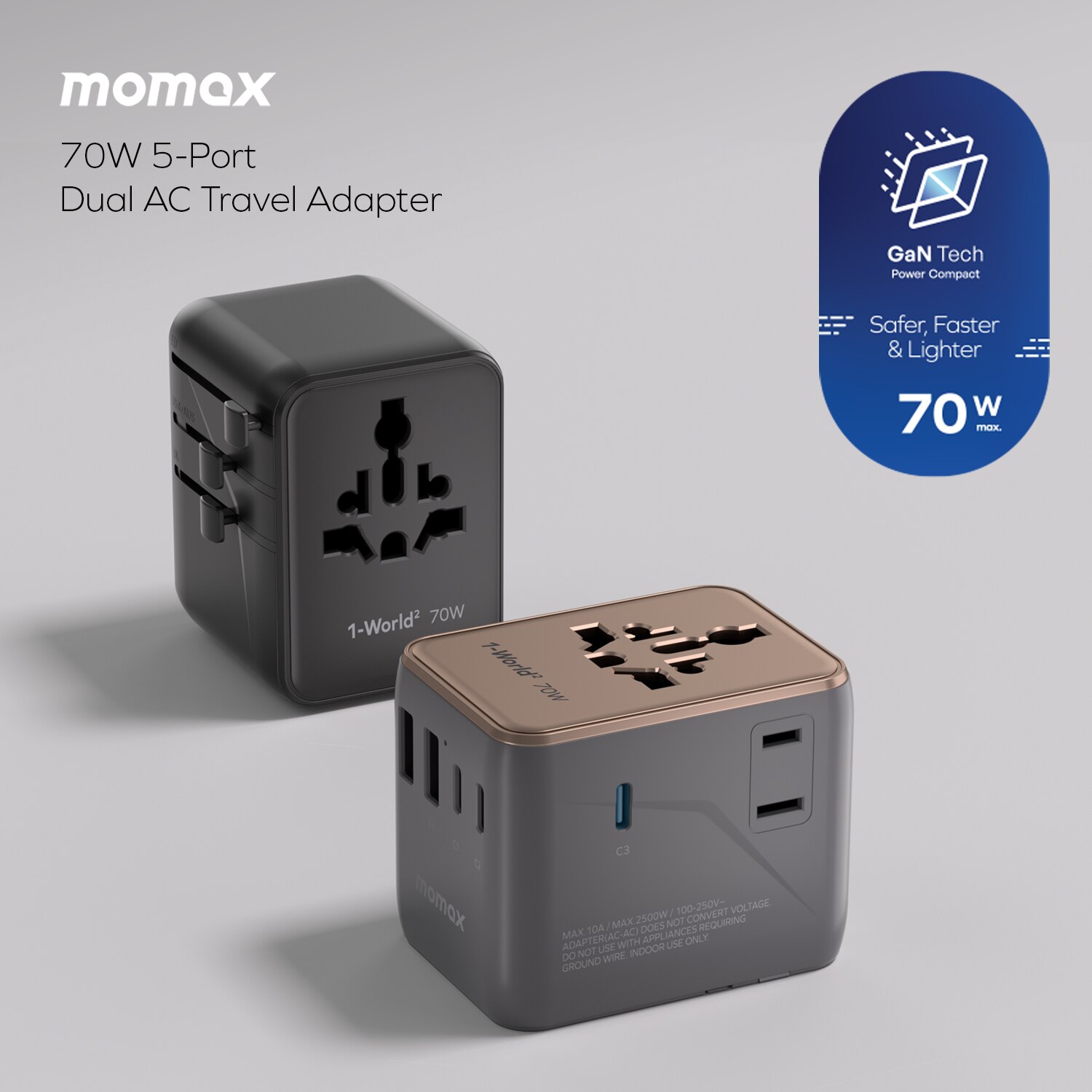 Momax 1-World2 70W 5-Port USB-C AC Travel Adaptor UA22UK