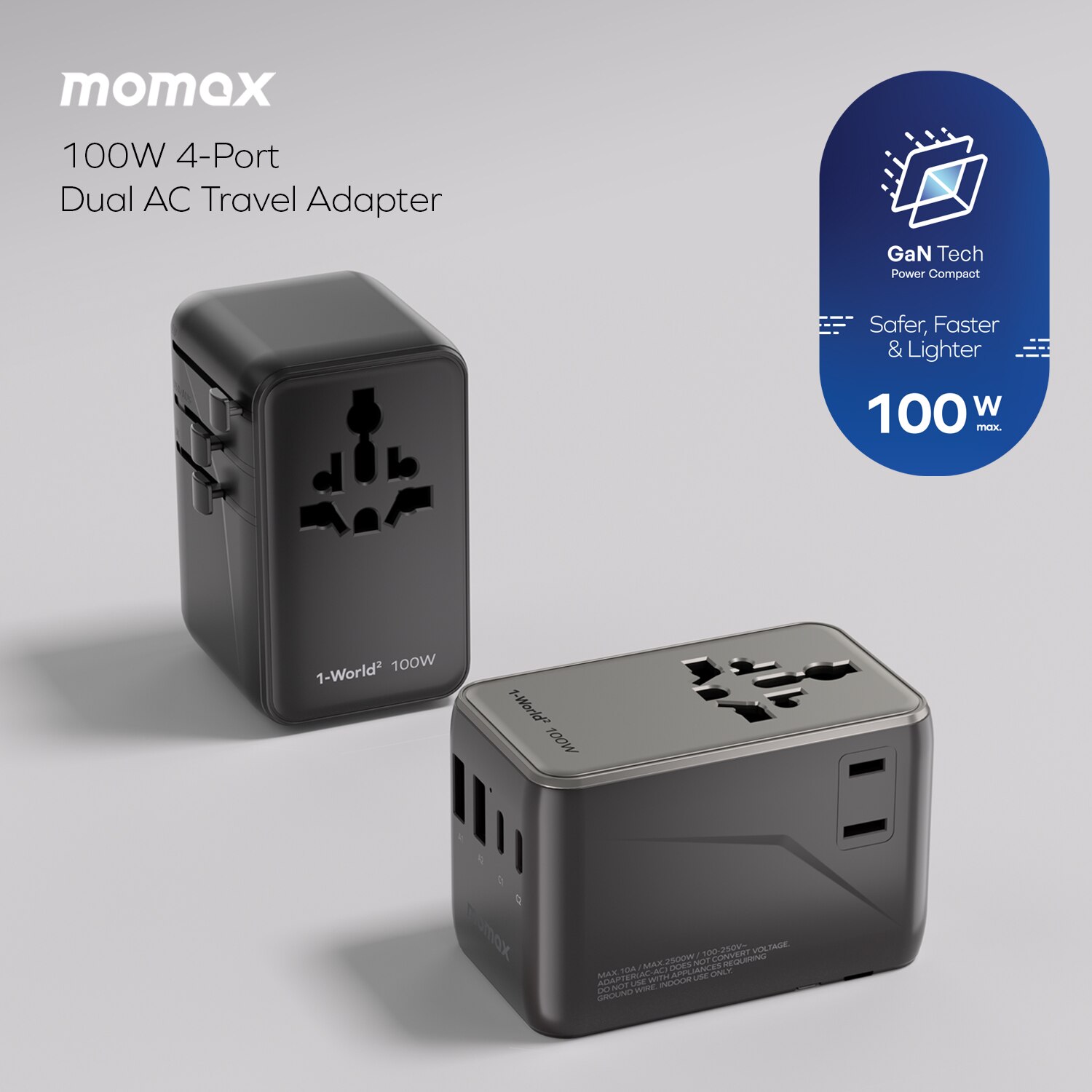 Momax 1-World2 100W 4-Port USB-C Dual AC Travel Adaptor UA23UK