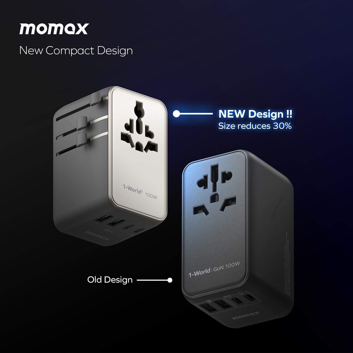Momax 1-World2 100W 4-Port USB-C Dual AC Travel Adaptor UA23UK