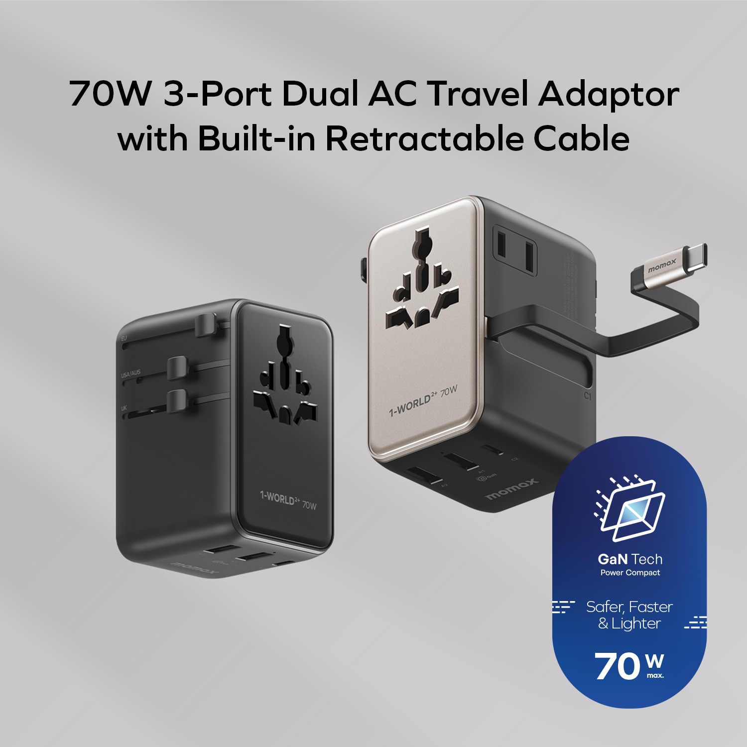 Momax UA30 1World2 70W Travel Adapter with Built in Cable