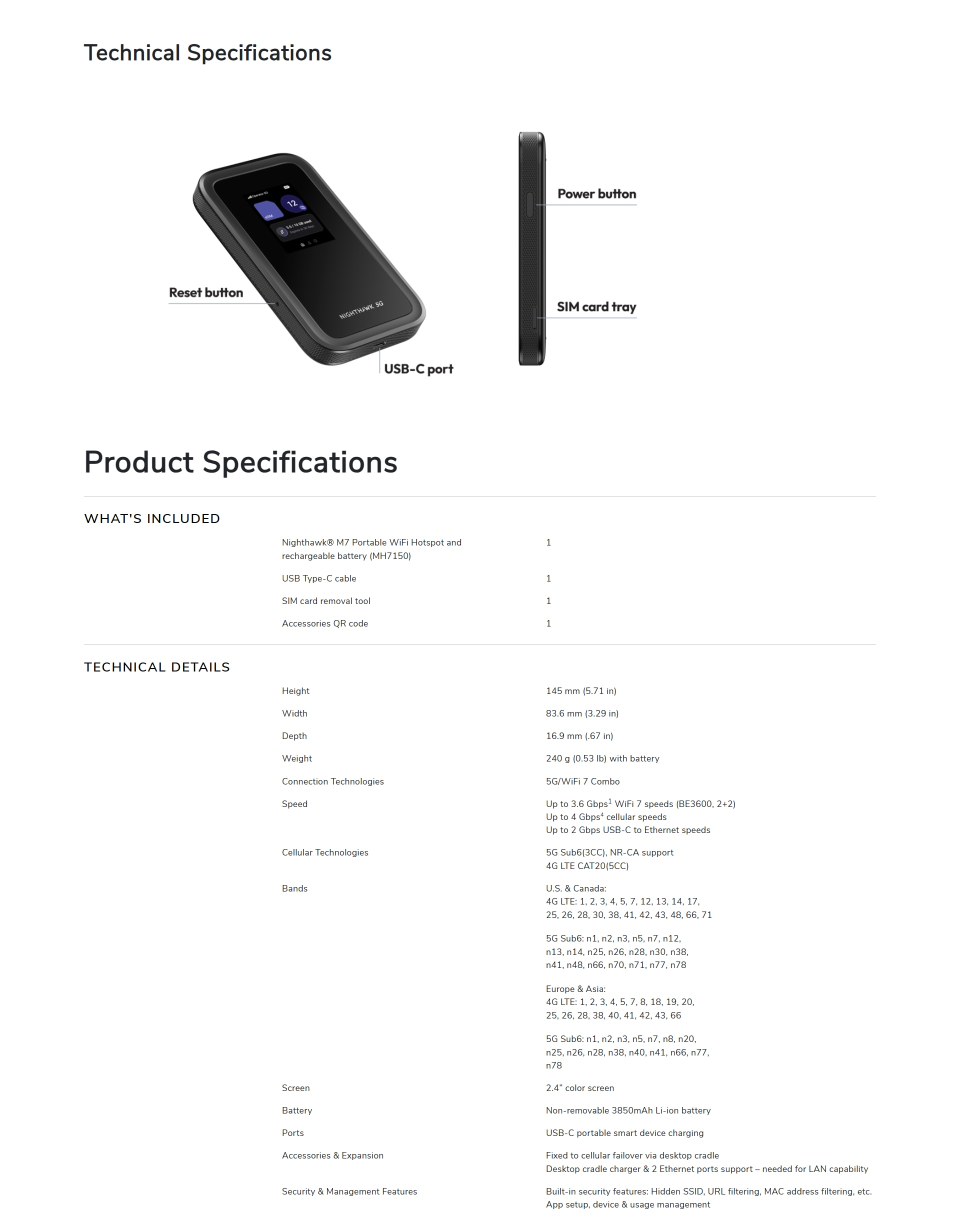 NETGEAR Nighthawk MH7150 M7 5G BE3600 WiFi 7 Mobile Hotspot Router