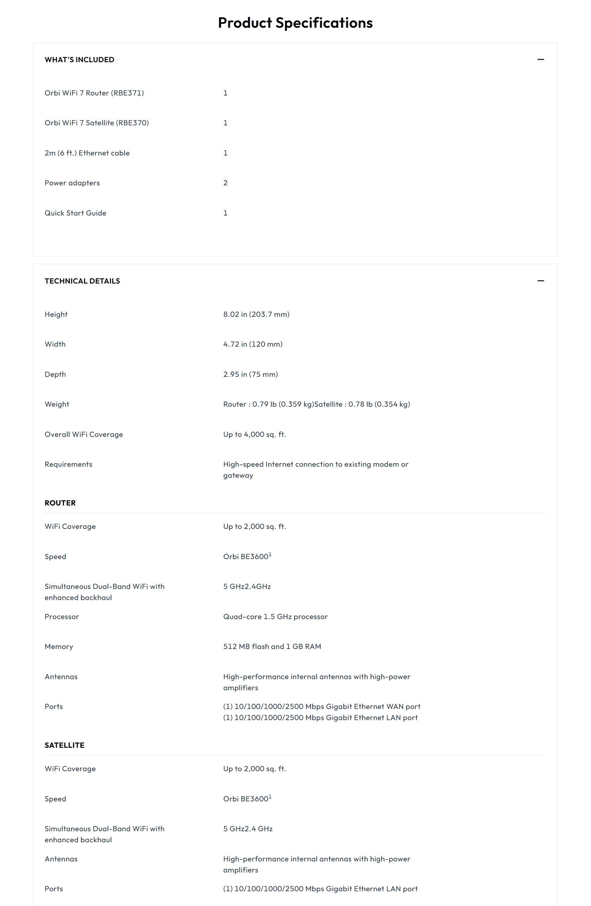 NETGEAR Orbi RBE372 Dual-band BE3600 Mesh WiFi 7 System (2-pack)