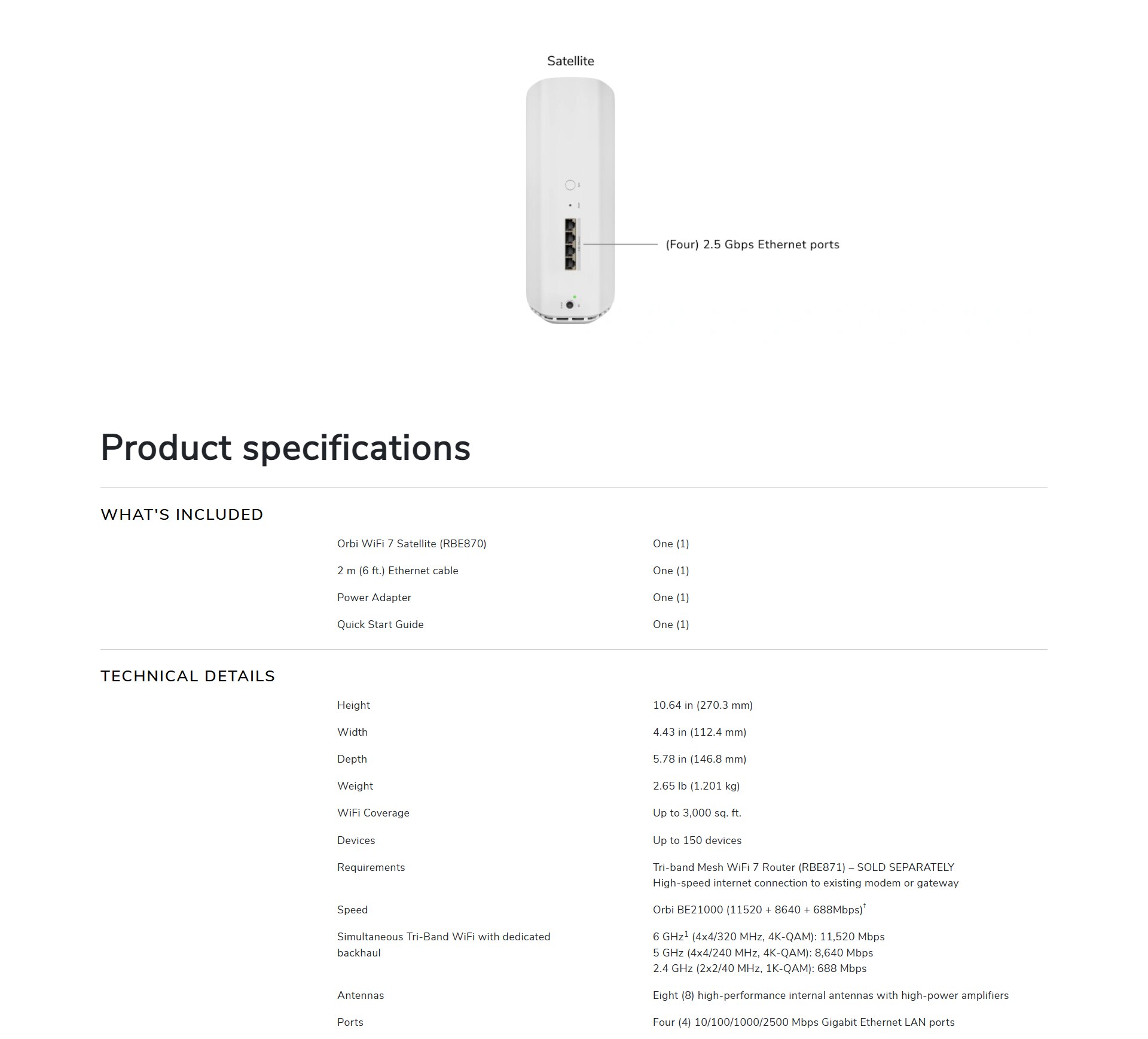 NETGEAR Orbi RBE870 Tri-band BE21000 Mesh WiFi 7 Add-on Satellite