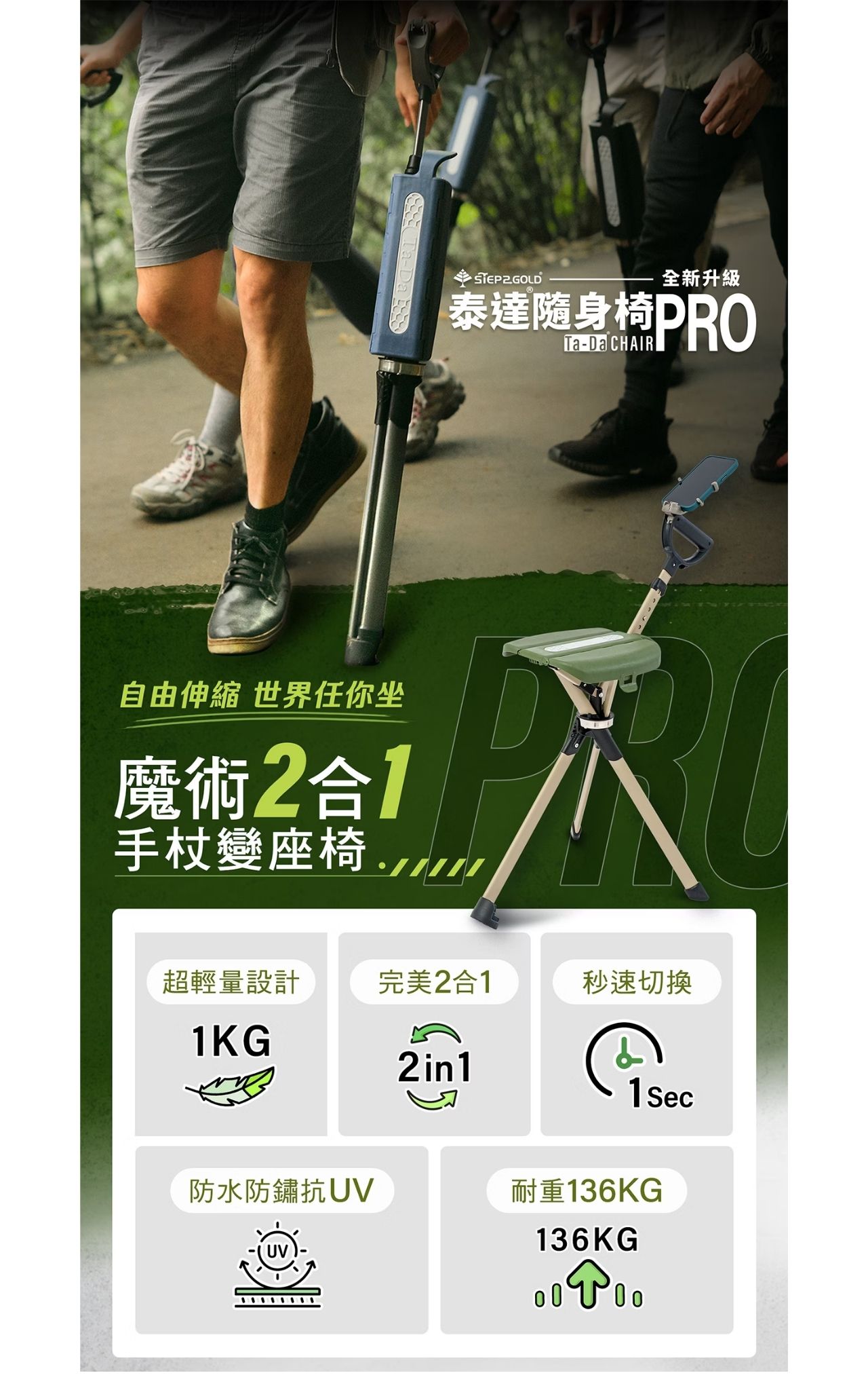 TADA Ta-Da®第二代輕便摺合拐杖椅PRO