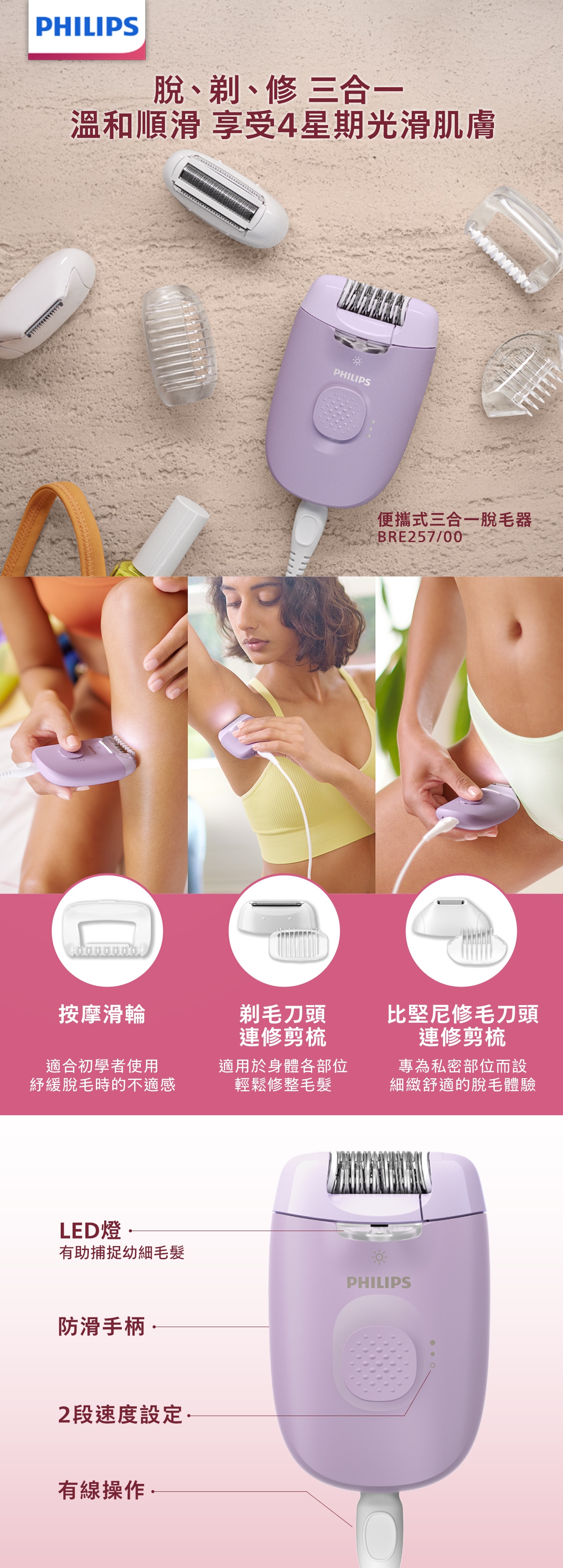 PHILIPS 飛利浦 BRE257/00 便攜式三合一脫毛器
