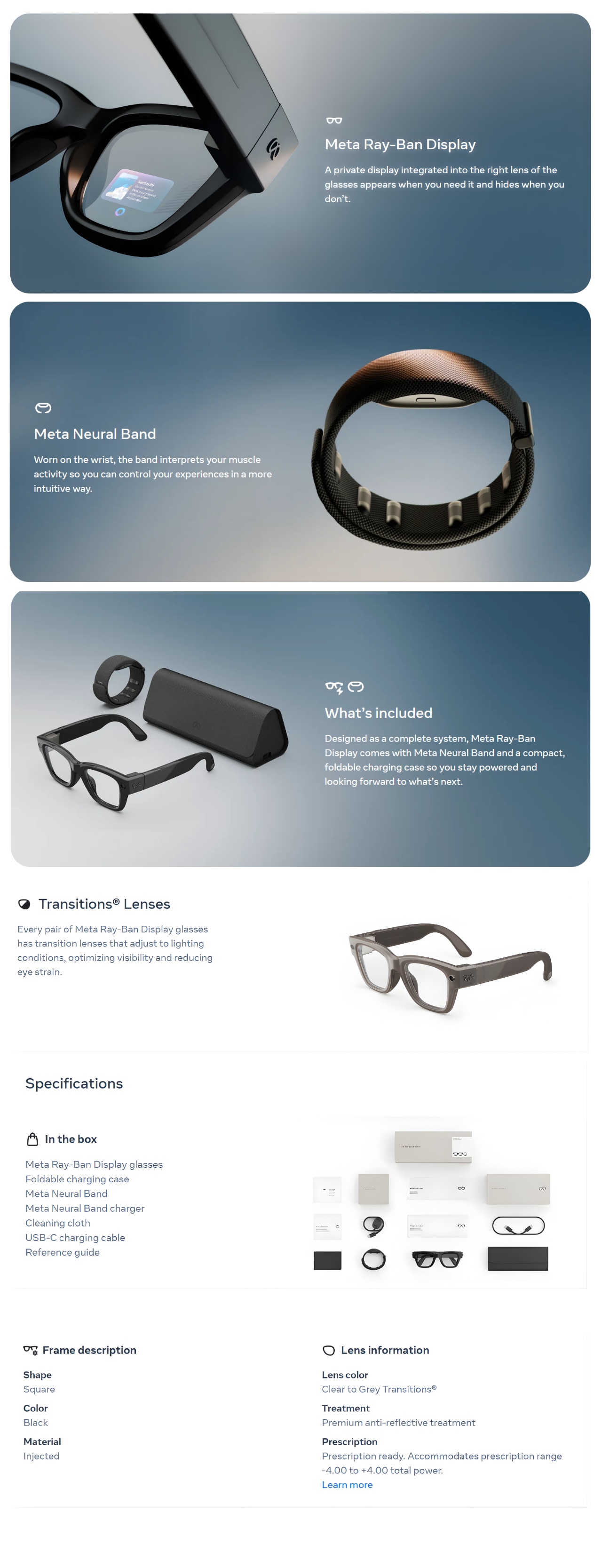 Ray-Ban Meta Display Smart Glasses - Large with Neural Band Size 1