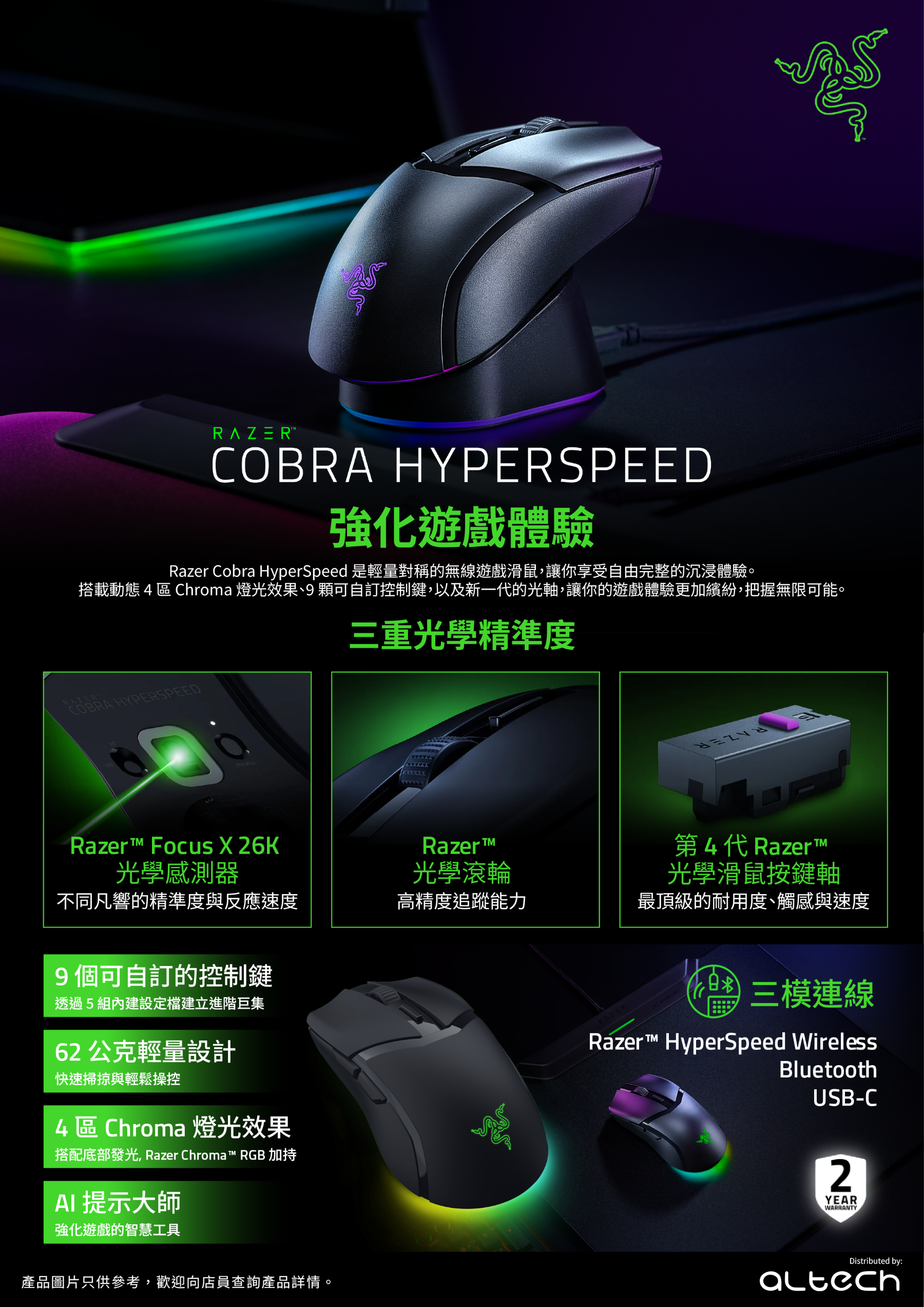 Razer 雷蛇 Cobra HyperSpeed RGB 輕量可自訂無線遊戲滑鼠 (RZ01-05570100-R3A1)