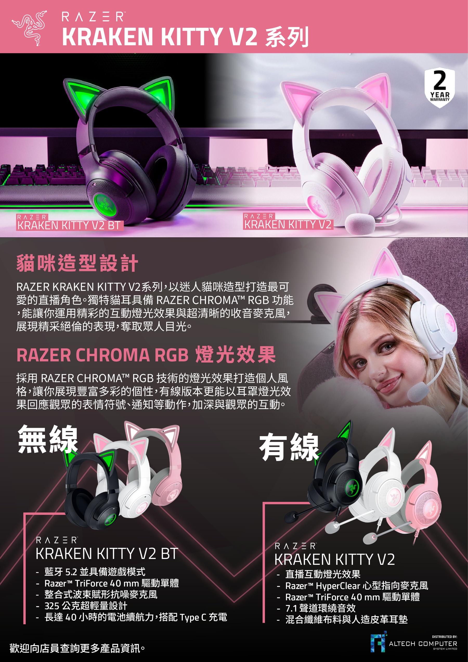 Razer 雷蛇 Kraken Kitty V2 BT - 貓耳造型無線藍牙RGB電競耳機 (RZ04-04860100-R3M1)