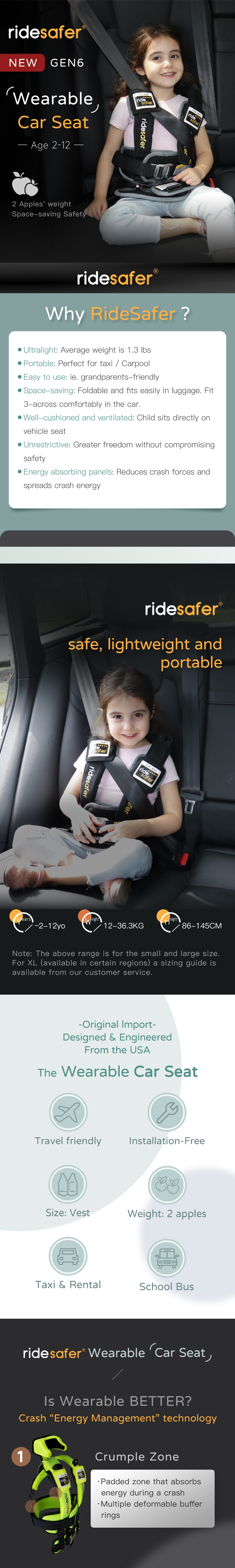 RideSafer GEN6 Delight Wearable Travel Car Seat Black