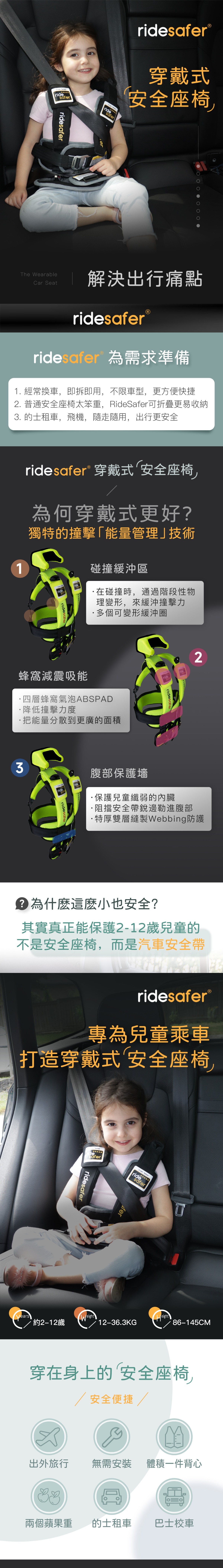 RideSafer GEN6 穿戴式可摺叠汽車兒童安全座椅 黑色
