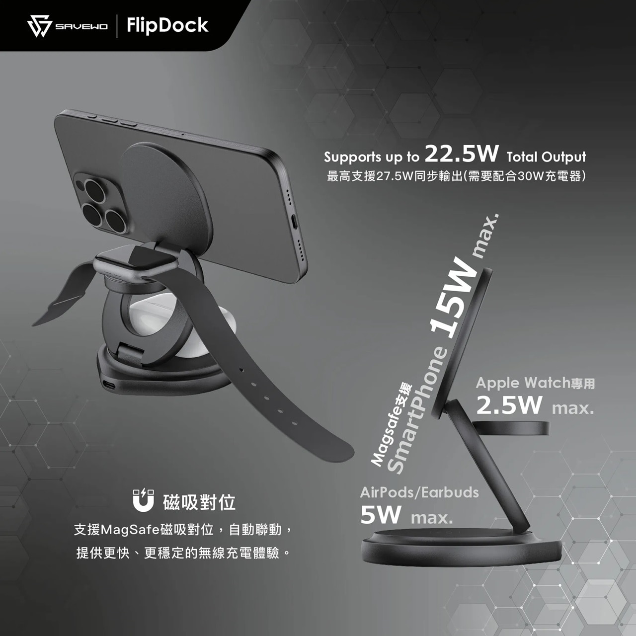 SAVEWO FlipDock Qi2 三合一磁吸摺疊旋轉無線充電座