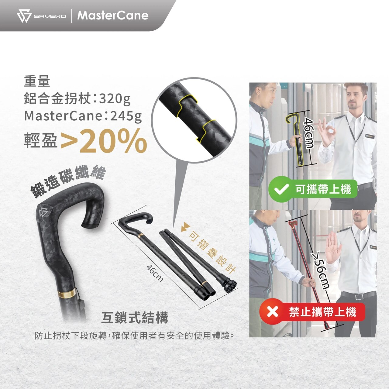 SAVEWO MasterCane 超輕碳纖維摺疊式拐杖