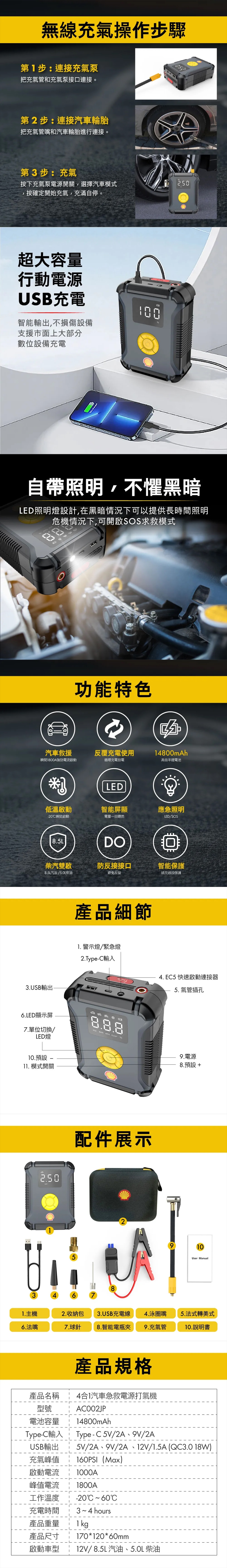 Shell SL-AC002JP 升級版 4合1 專業過江龍+輪胎打氣泵+電源