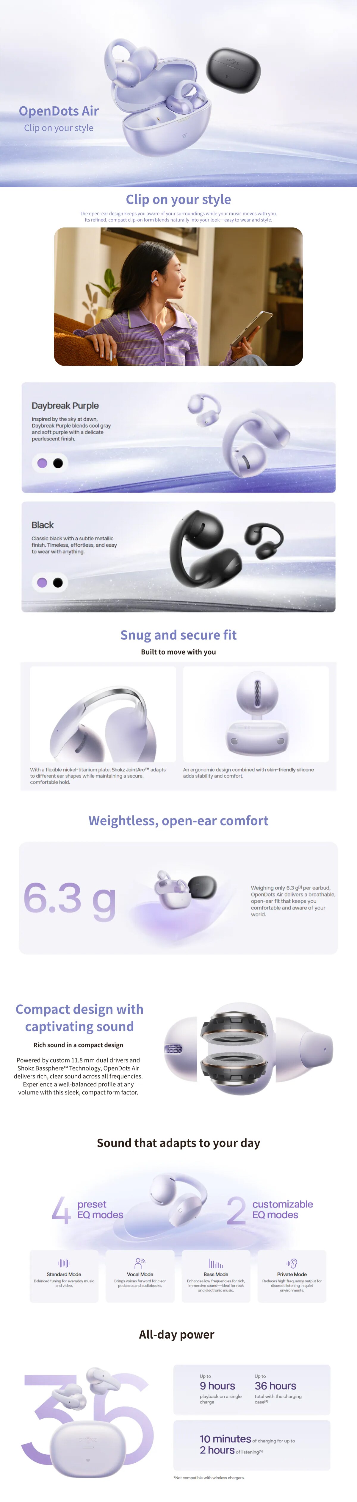 Shokz OpenDots Air Open-Ear Clip-On Earbuds E210