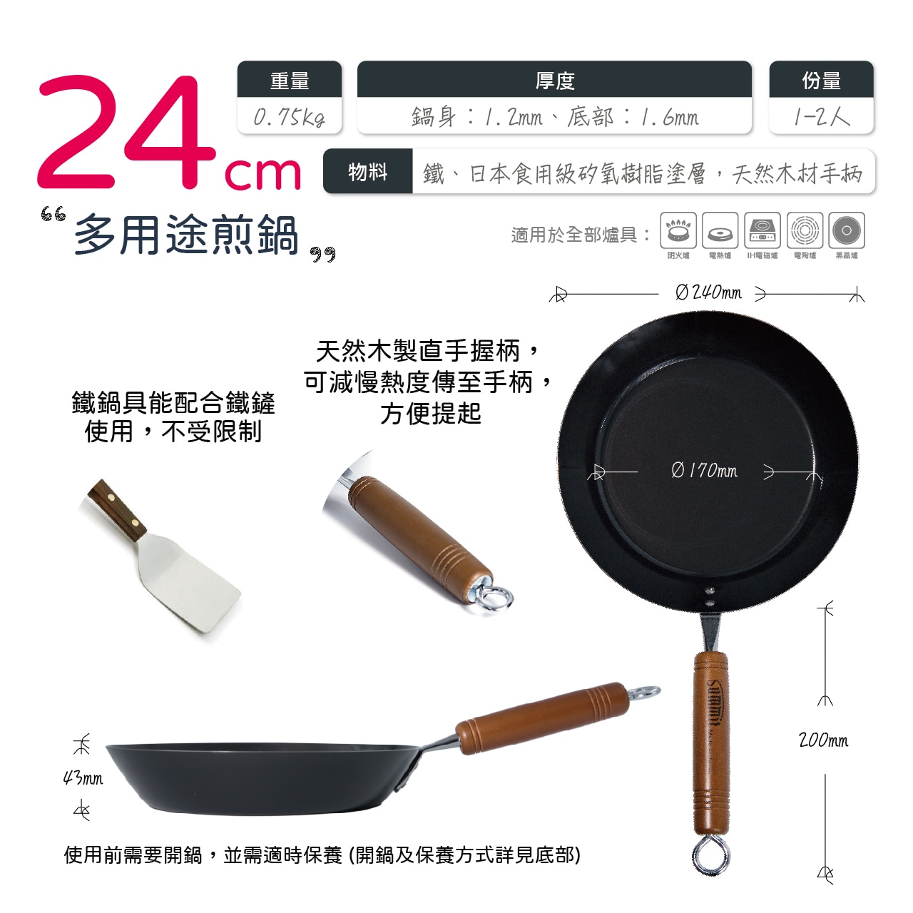 Summit TSUBAME IH Lightweight Iron Frying Pan 24cm