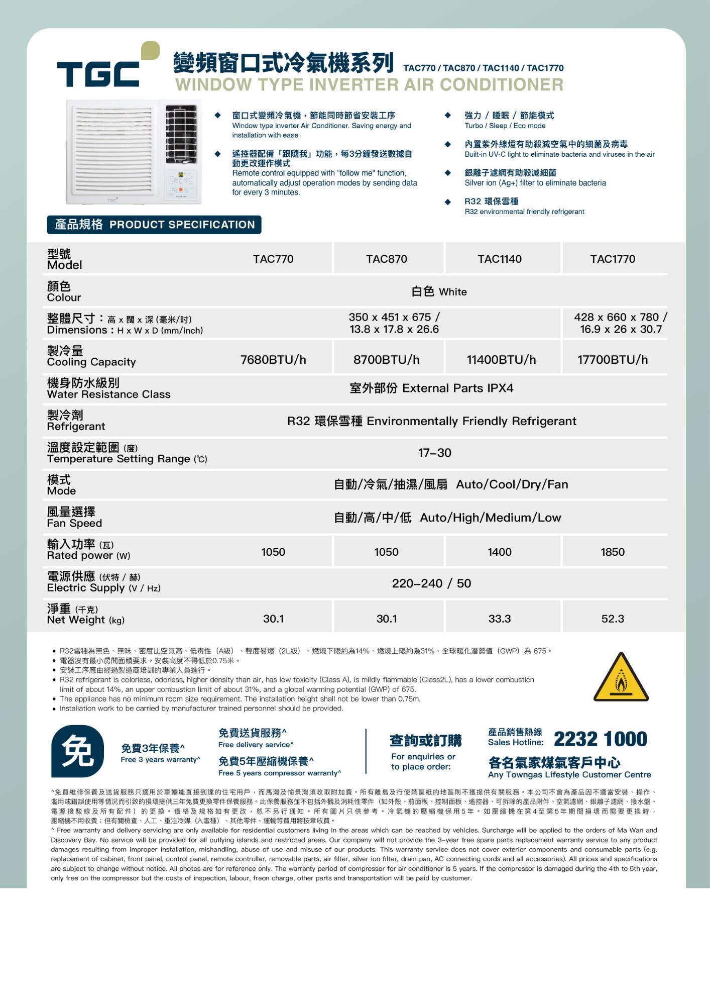 TGC TGC TAC1140 R32 變頻窗口式冷氣機 1.5 匹 窗口式冷氣機