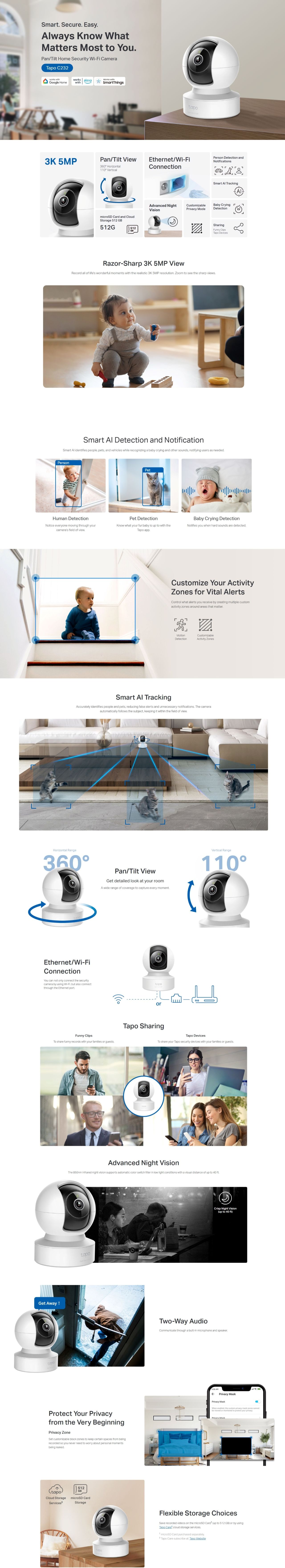 TP-Link Tapo C232 3K 5MP Pan/Tilt Home Security Wi-Fi / LAN Camera Home Security Camera
