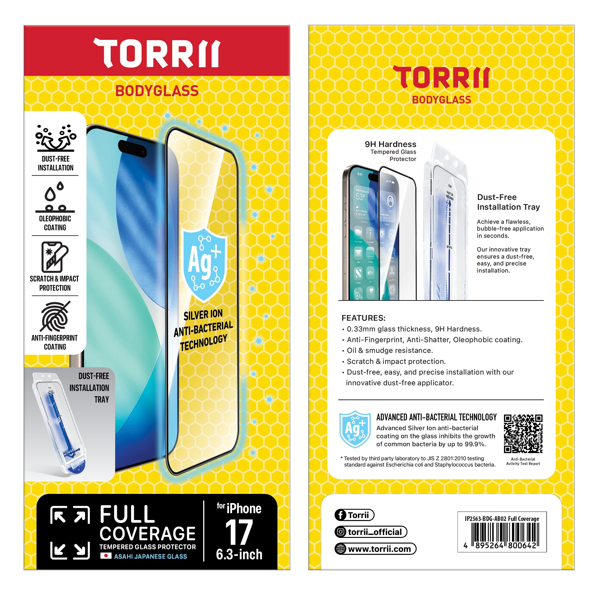 Torrii iPhone 17 Anti-bacterial Coating Full Coverage BODYGLASS