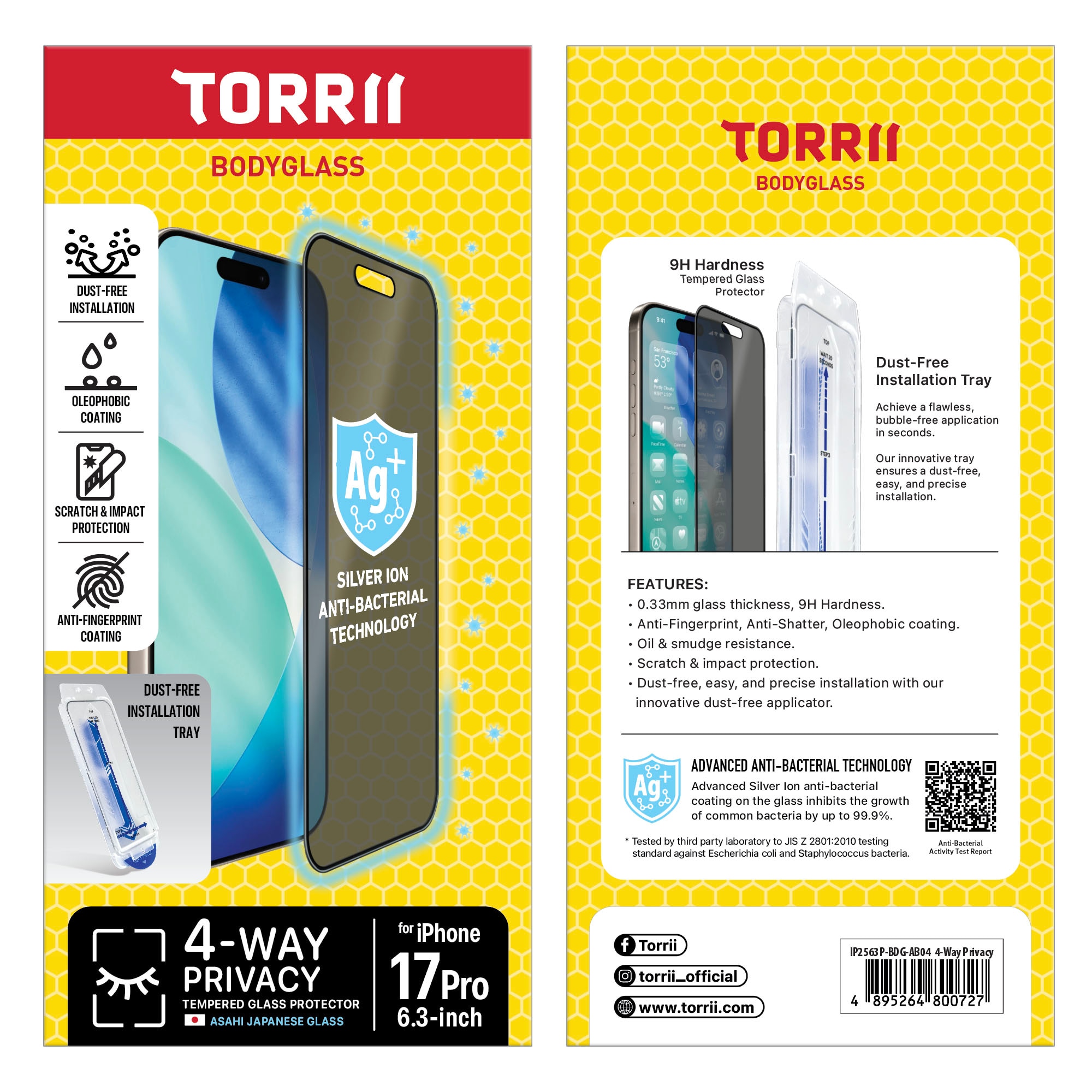 Torrii iPhone 17 Pro Anti-Bacterial Coating 4-Way Privacy BODYGLASS